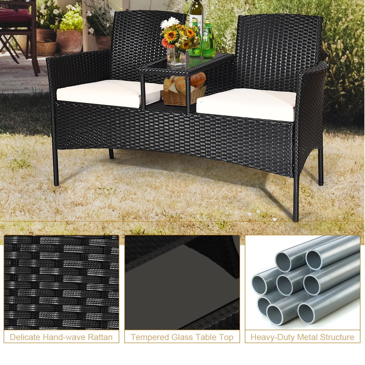 LIFEZEAL Panca doppia in rattan, poltrona da giardino per 2 persone, con tavolino in vetro temperato, sedia divano a 2 posti con cuscini, mobile di conversazione per balcone patio