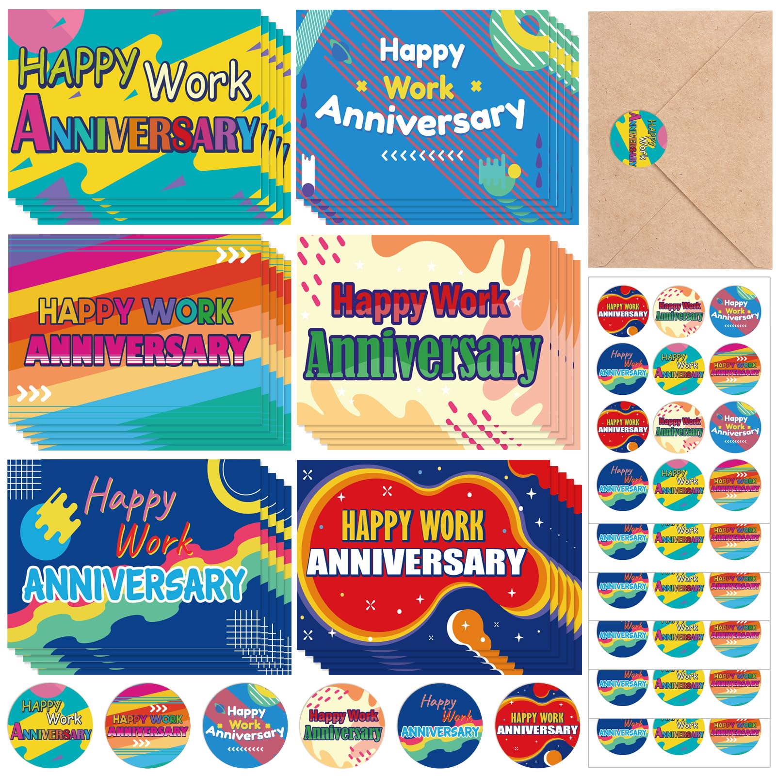 72 Sets Happy Work Anniversary Cards Employee Anniversary Appreciation Card Gifts Business Thank You Cards with Envelopes and Stickers for Work Team Staff Office Anniversary Appreciation
