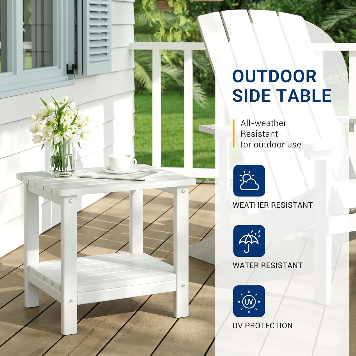 UDPATIO 2-Tier Side Table, 19x16x17.8 in, White, Adirondack End Table, Indoor & Outdoor Use