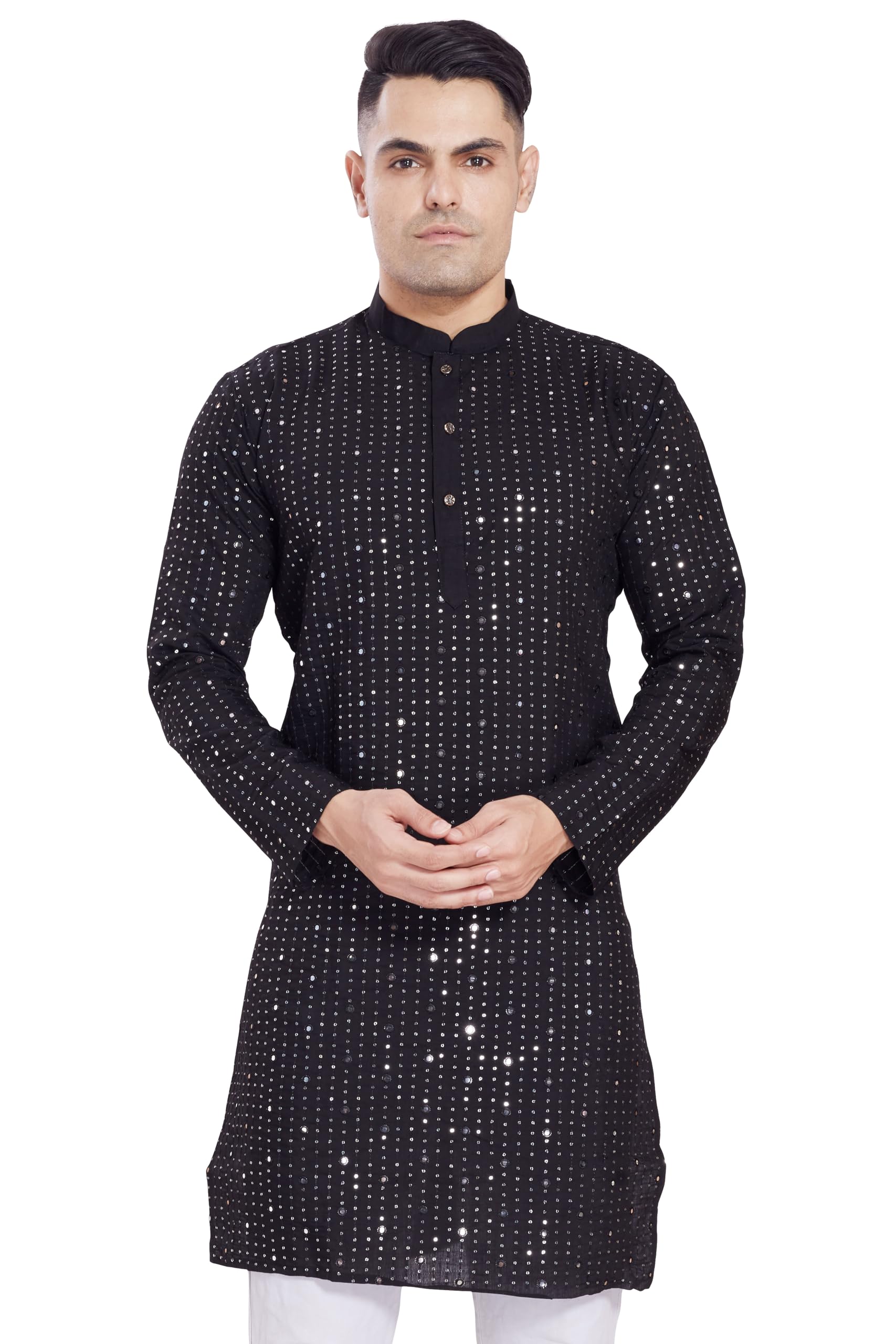 Divisive Men's Sequince Mirror Embroidered Cotton Silk Blend Only Slim Fit Kurta (Dkrt179_L_Black)