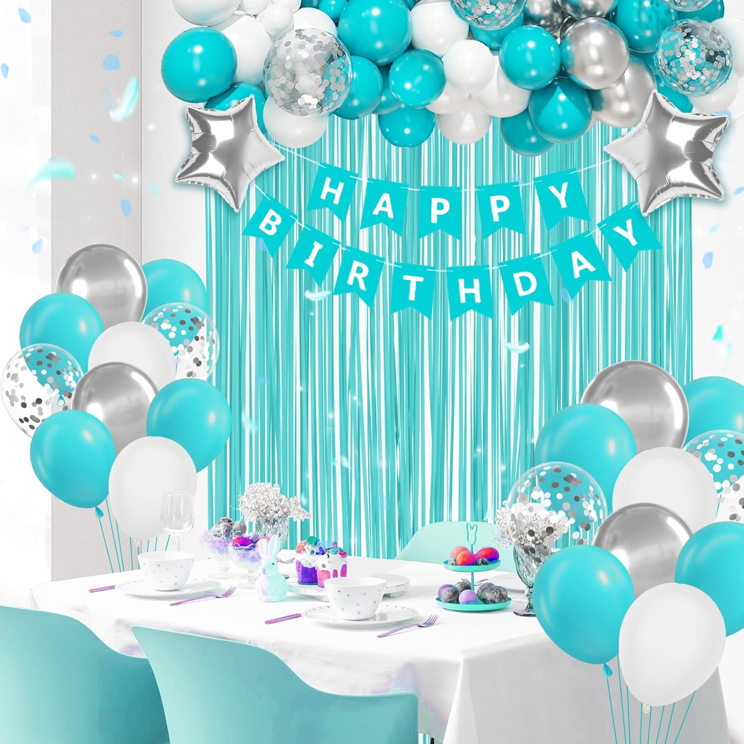 Teal Birthday Decorations for Women with White Silver Teal Balloons Happy Birthday Banner Fringe Curtains for 21st 25th 27th 30th 35th 40th 50th 60th Happy Birthday Decorations - Image 6