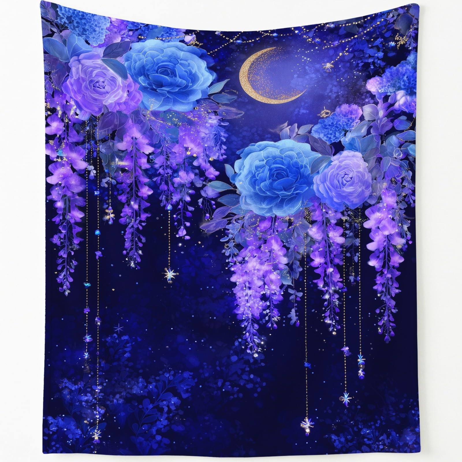 Przytulny koc 180 x 200 cm – przytulny koc do mieszkania, fantazyjny, romantyczny koc polarowy, miękki i ciepły, gwiaździste niebo, kwiaty, koc do mieszkania, flanelowy, puszysty koc