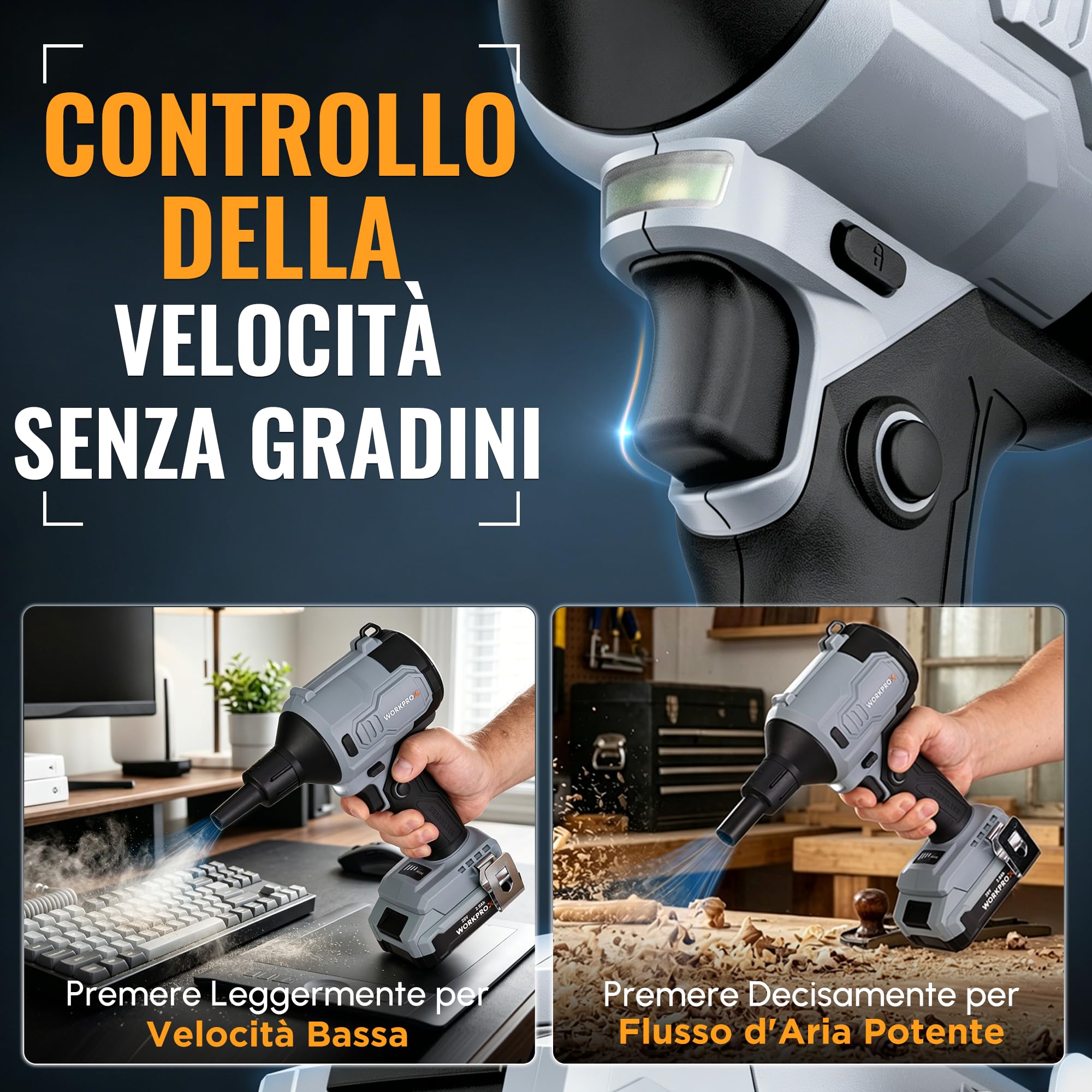 WORKPROX Soffiatore ad Aria Compressa Wireless 20V | Soffiatore Elettrico Ricaricabile USB-C, Motore Brushless, 4 Velocità Regolabili, Funzione Soffiaggio/Aspirazione
