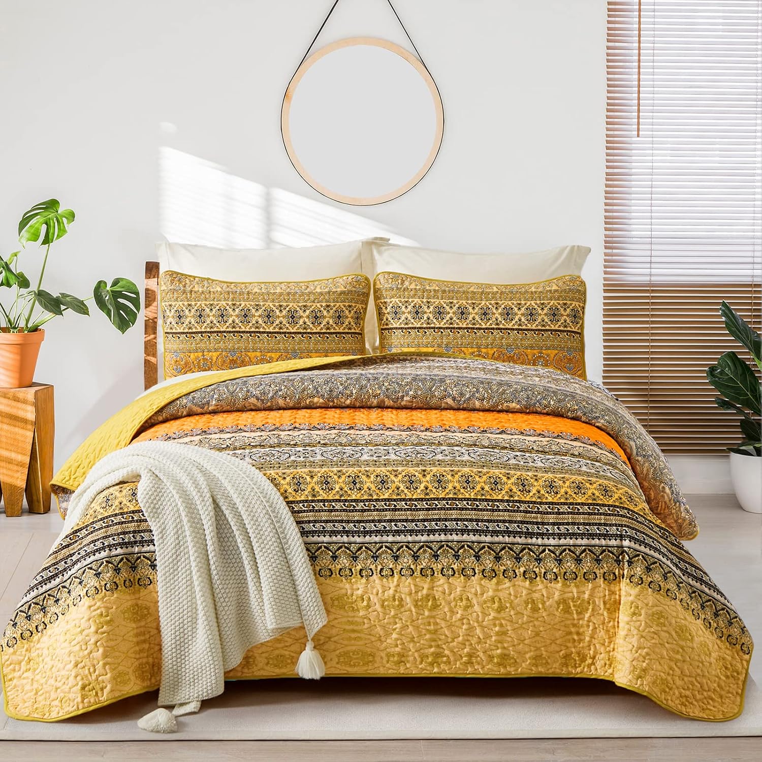 Boho Queen Quilt Set, Yellow Orange Bohemian Queen Quilt Bedding Set, Lightweight Microfiber Bed Decor Bedspread for All Season 96"x90"(3 Pieces)