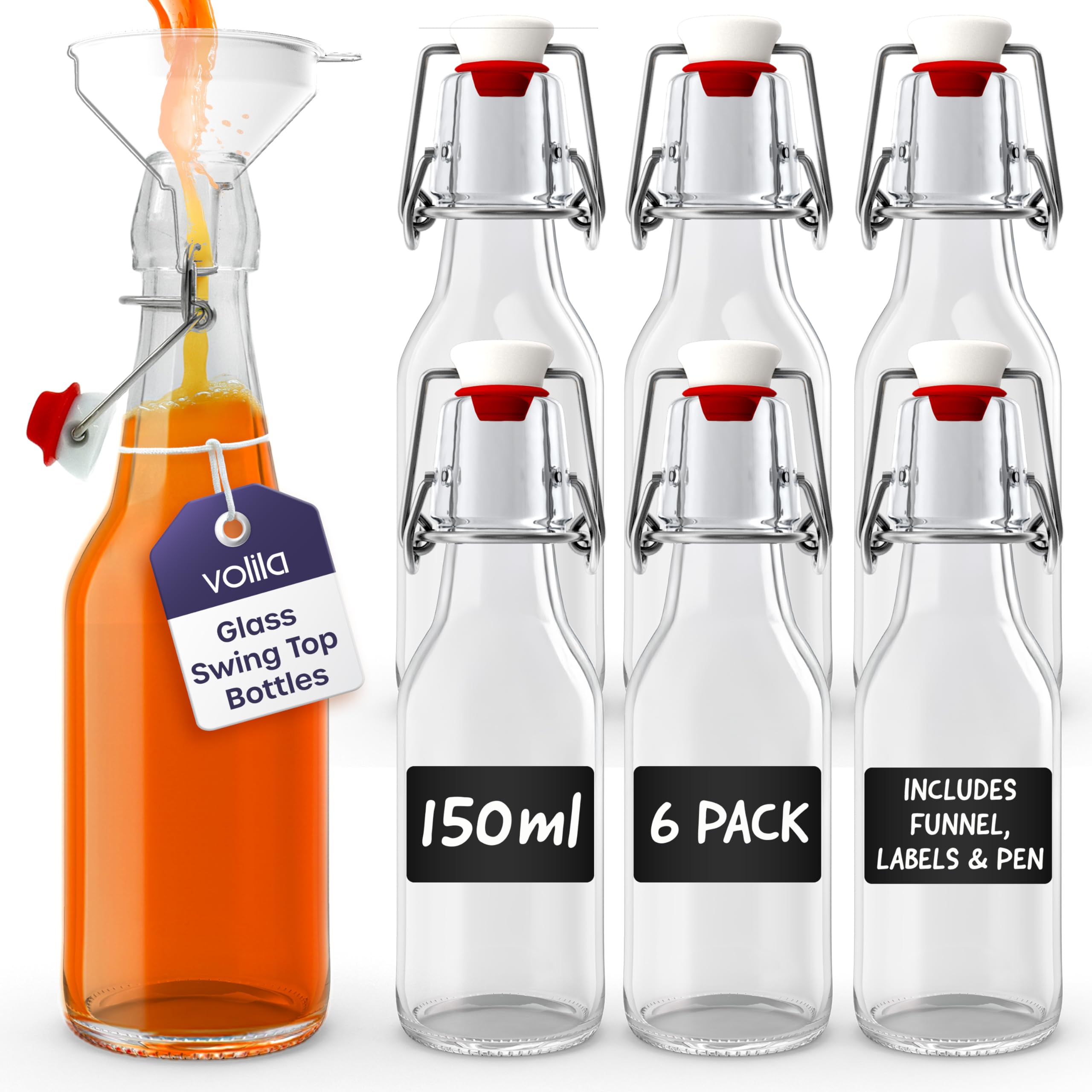 Volila Clear Glass Bottles With Stoppers 150Ml 6 Pack, Swing Top Bottles For Homebrewing, Beverages, Kombucha, Wine, Vinegar And Oil