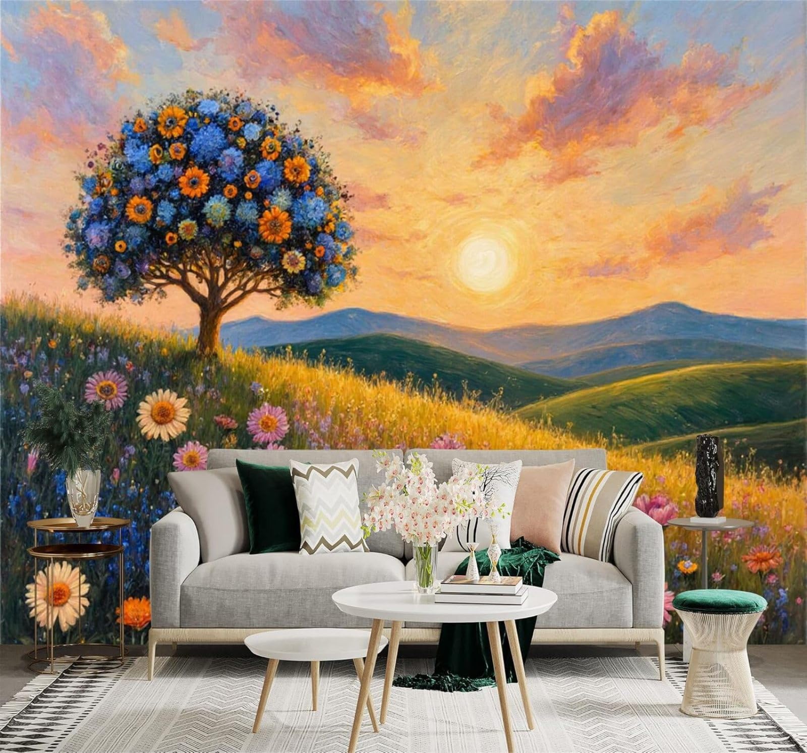 XLMING Blossoming Trees Colourful Wildflowers Rolling Hills Sunset 3D Wallpaper Silky Texture Home Study Office Grey Dining Room Sofa Bedroom Living Room TV Backdrop-350cm×256cm