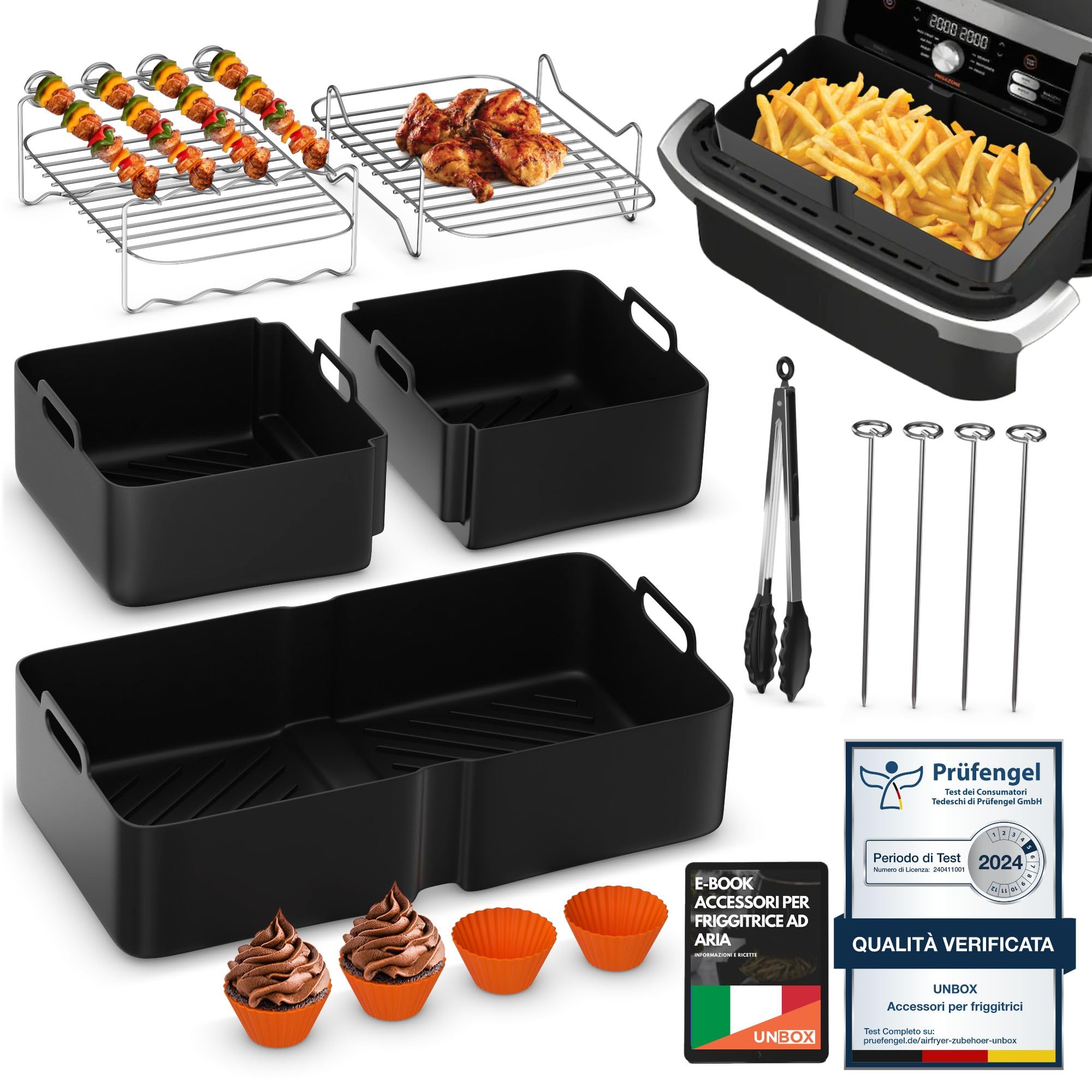 UNBOX Accessori Friggitrice ad Aria - Accessori Airfryer Doppia 1×10,4L e 2×5,2L per Ninja Foodi Flexdrawer AF500EU 10,4L e Cosori Dual Blaze 10L - Con Teglia in Silicone e eBook di Ricette