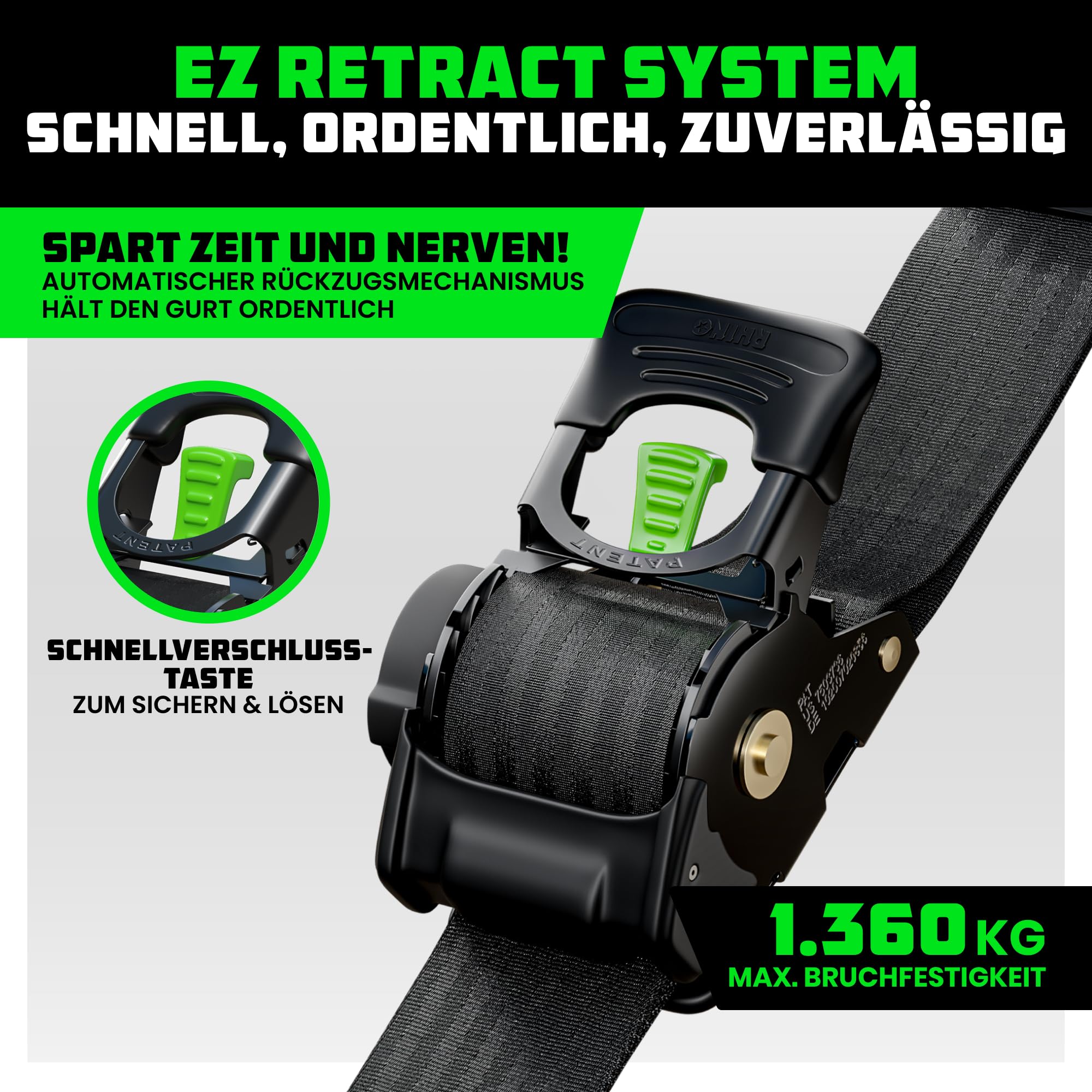 Rhino USA Selbstaufrollende Spanngurte (2er-Pack) - 5cm x 3m (1,360kg Bruchfestigkeit) - Hochleistungs-Automatik-Spanngurte für LKW, Anhänger, Motorrad, Fahrrad & Mehr - Schwarz