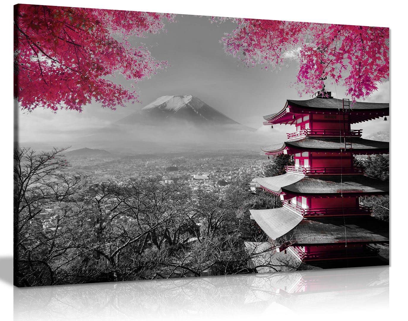 Panther Print Pink Japanese Temple In Autumn Black White Canvas Wall Art Picture Print Home Decor 31X20cm (12X8in)