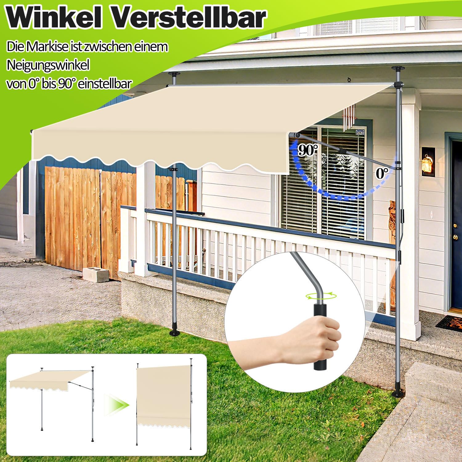 Ikodm Klemmmarkise 400cm Breit mit Handkurbel, Balkonmarkise ohne Bohren, Markise mit Verlängerten Einziehbaren Seitenstangen, UV-beständig höhenverstellbar Sonnenschutz, Beige