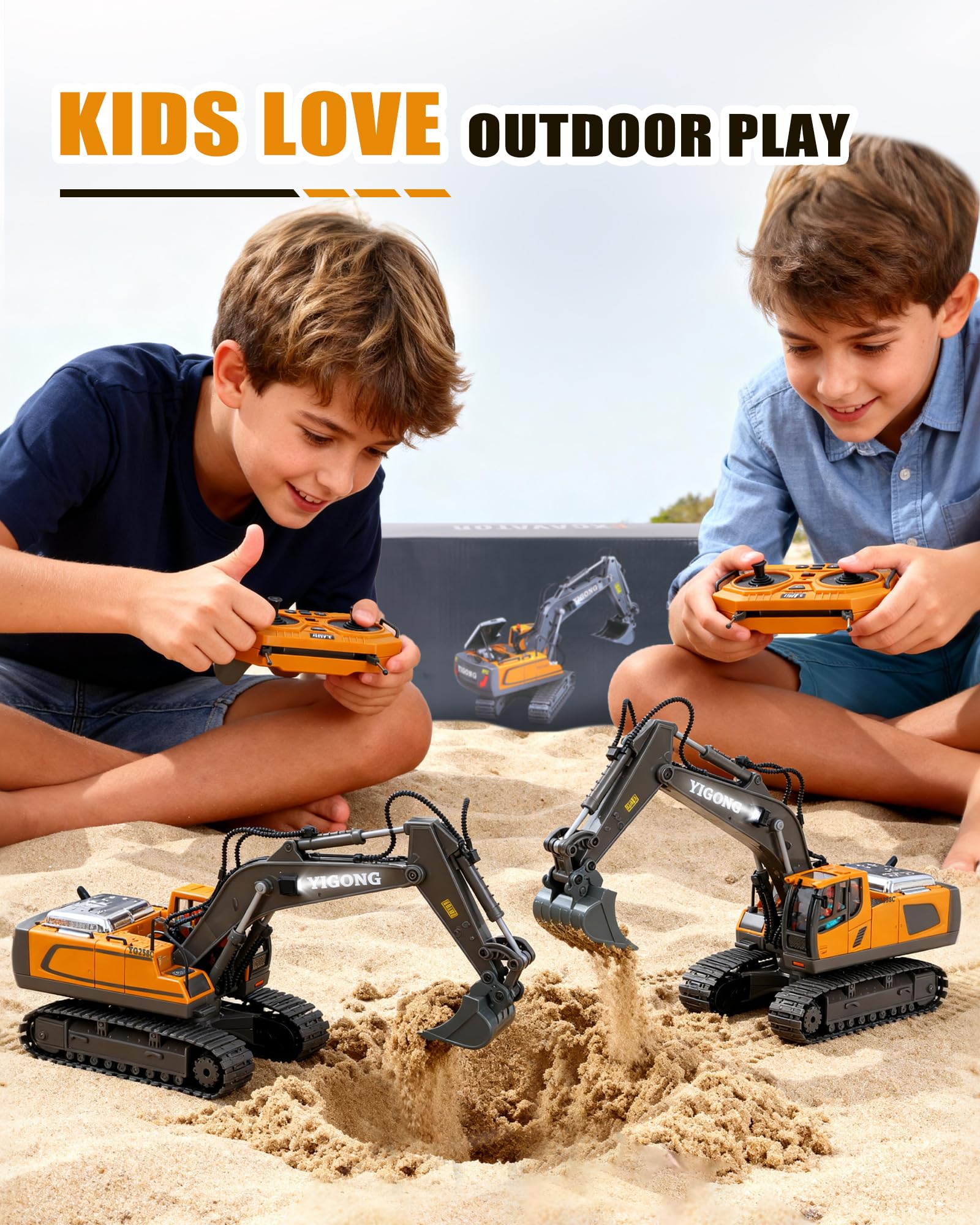 HuiJuKeJi 11-Channel Remote Control Excavator Toy, Rechargeable 2.4 GHz RC Construction Vehicle for Kids, 680° Rotation | Metal Shovel | Lights & Sounds, for Boys Ages 6-12