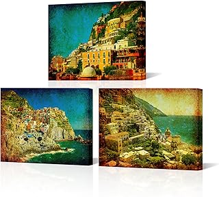 NutArtPic Italy Canvas Art Mediterranean Seaside Wall Art Canvas Italian Sea City Pictures Prints Vintage Italy City Artwork Framed 12''x16''x3 pcs