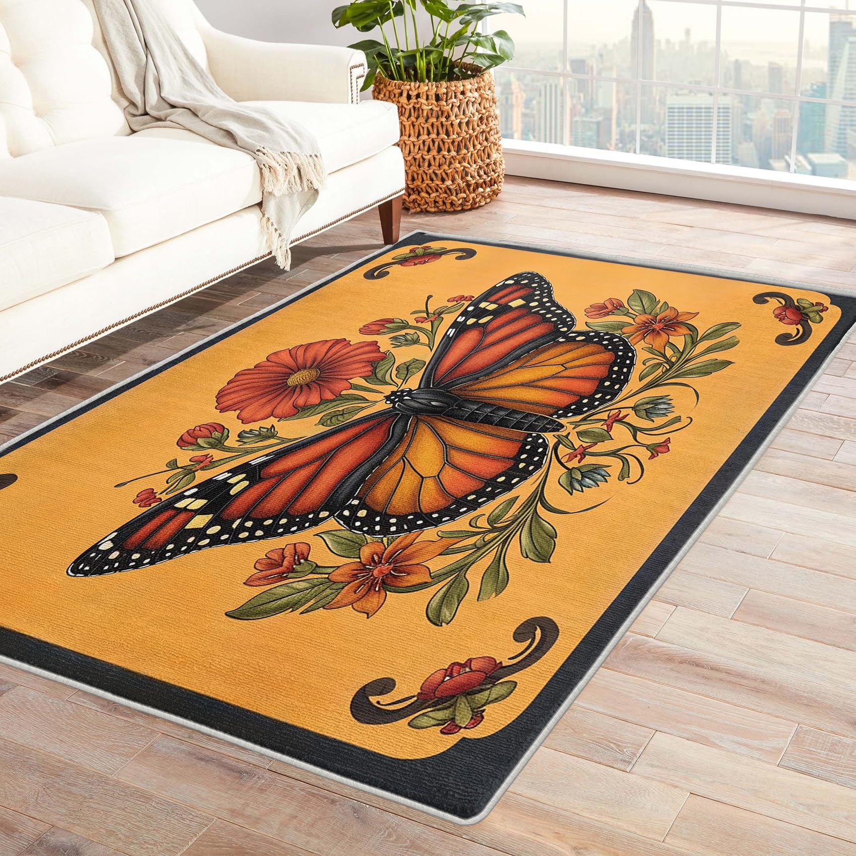 GEDAEUBA Butterfly Rug - 6x9 ft Washable Non-Slip Stain Resistant Moth Floral Area Rug, Mustard Carpet for Living Room, Bedroom, Butterfly Home Decor