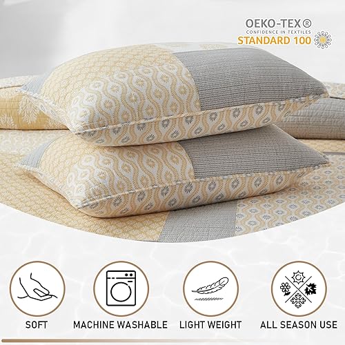 Miniatura 6 de KALOOLA Juego de edredón tamaño Queen, juego de ropa de cama de retazos de 100% algodón, colcha acolchada floral amarilla y gris, colcha reversible