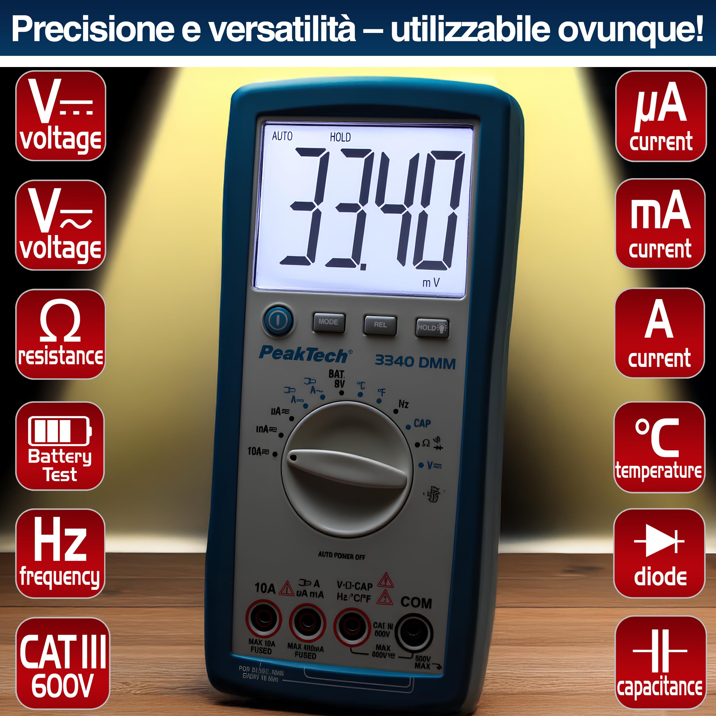 PeakTech 3340 – Multimetro digitale True RMS con Schermo LCD extra large, 4000 conteggi, Autorange, REL, Data-Hold, Voltmetro, Tester di continuità, Strumento di misura - CAT III 600 V
