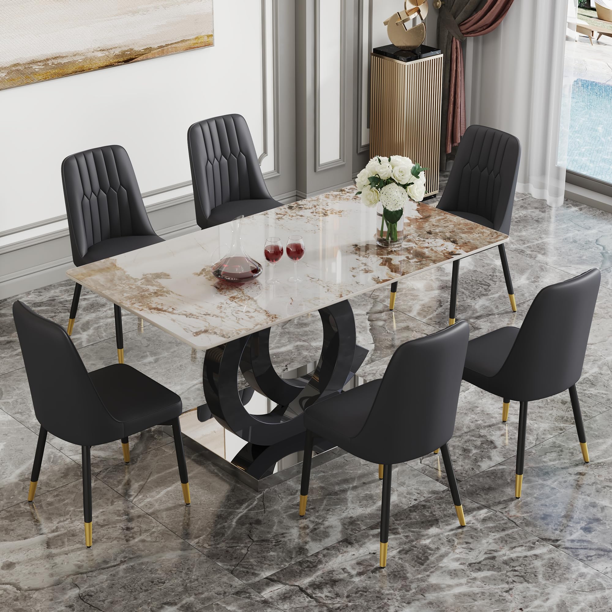 MUUOKY Dining Table Set for 6, Kitchen Table and Chairs for 6, Sintered Stone Table Top with 6 Modern Dining Chairs Suitable for Kitchen Dining Room