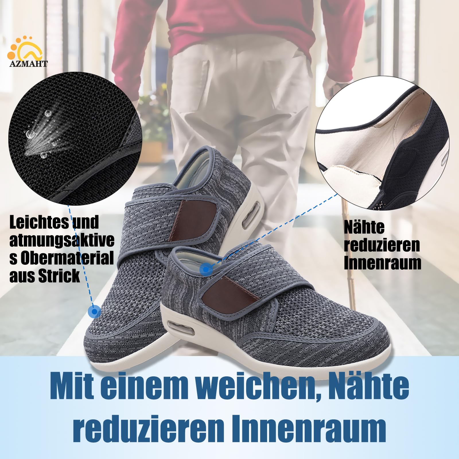 Chaussures diabétiques pour Hommes, en Tissu Eté Scratch Réglable Orthopédique Viscoélastique pour Oedème Gonflé Pied Large Orteil Ouvert Elargissement,Black Gray,48 EU