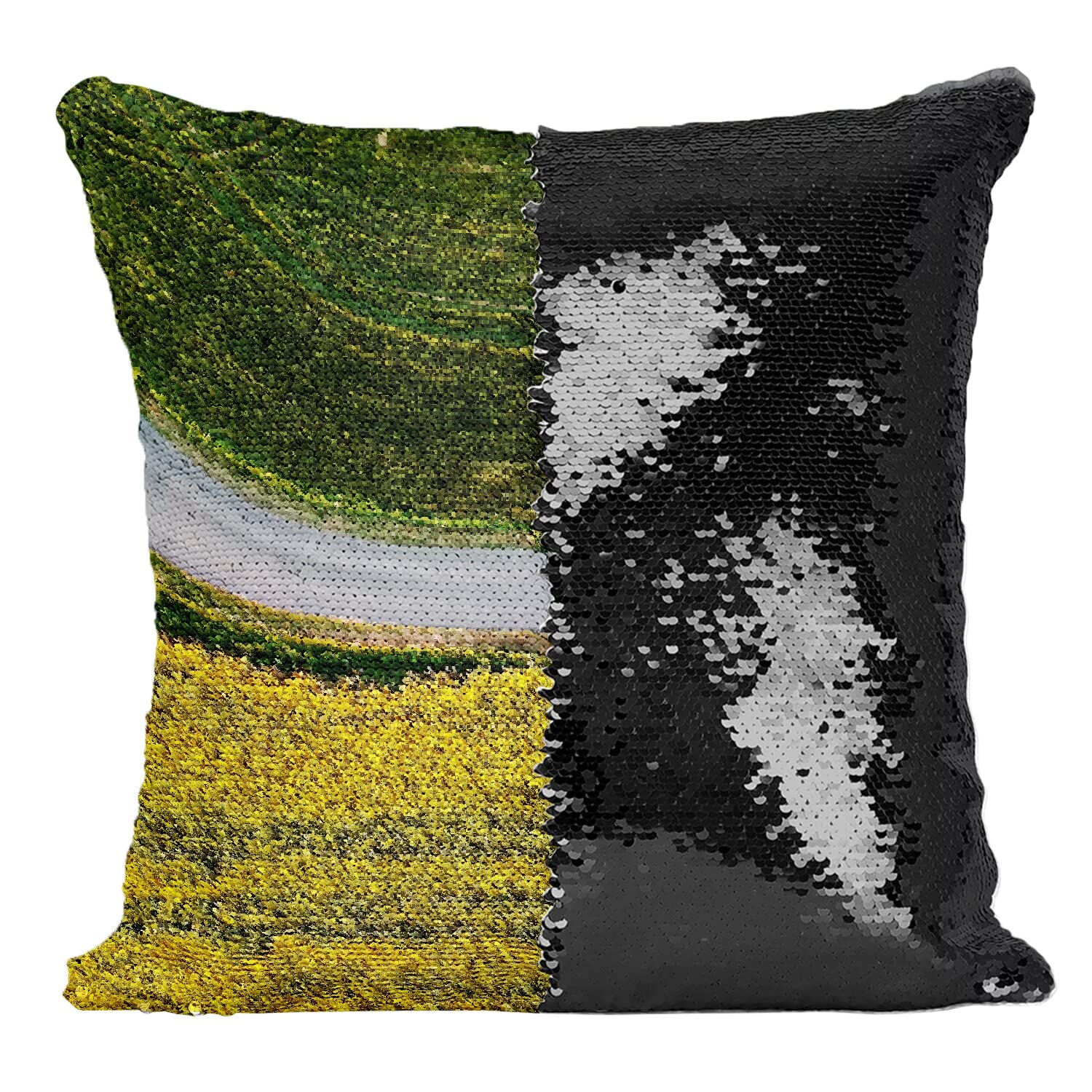 Coussin paillettes noir design haut de gamme paysage aérien brodé