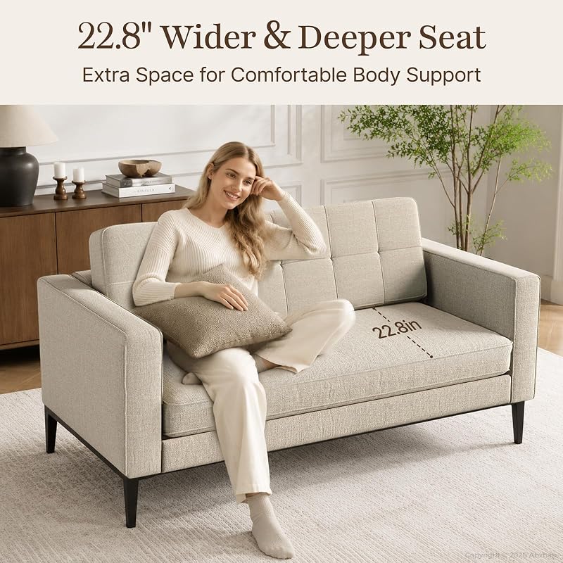 Anzhap 75" Loveseat Sofa - Comfy Linen Fabric with Tufted Back, Solid Wood Frame, Modern Deep Seat, Bedroom & Living Room, Office Couch, Steel Base, 660 lbs Capacity image 3