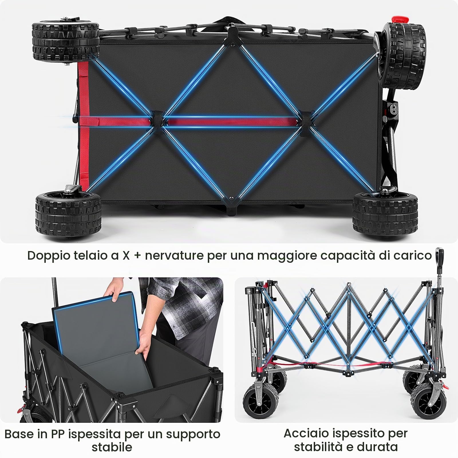 YEAUPE PRO Carrello Spiaggia 250KG, Carrellino con Ruote Grandi Girevoli a 360°, Tutti i Terreni, con rete elastica inclusa. Ideale per trasporto outdoor, prato e campeggio, 200-300L, Nero