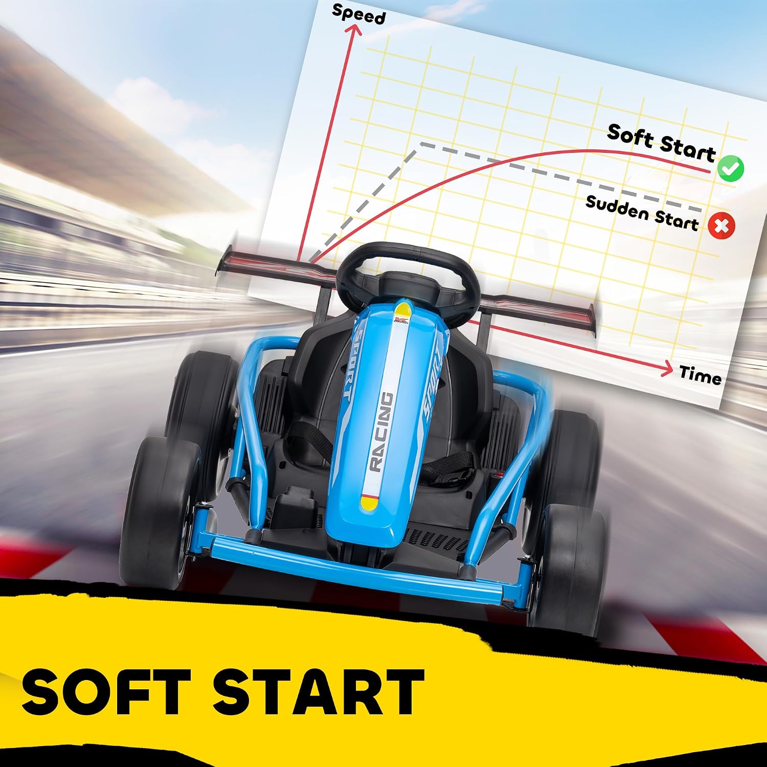 Qaba 24V Electric Go Kart for Kids, 8.1 MPH Drift Kart with Dual Motors, Nylon Tires, Outdoor 7AH Battery Powered Ride on Toy with Soft Start, Safety Belt, Horn and Music for Kids 8-12 Years, Blue