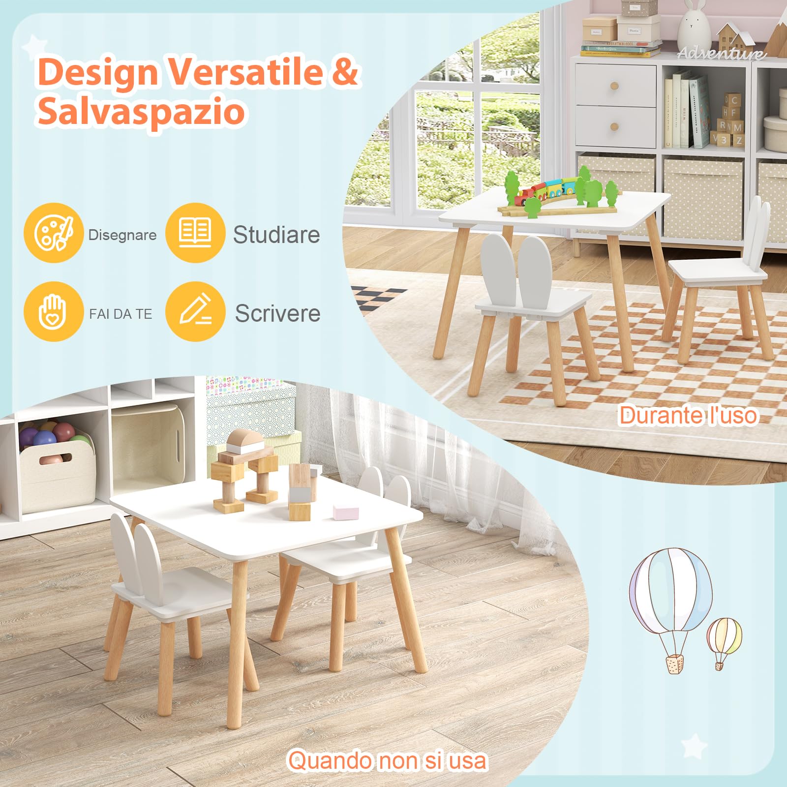 RELAX4LIFE Mesita infantil con 2 sillas con orejas de conejo, juego de mesa y sillas de madera para niños de 3 a 6 años, diseño compacto, mesa para jugar, dibujar y leer, capacidad para 40 kg (blanco)