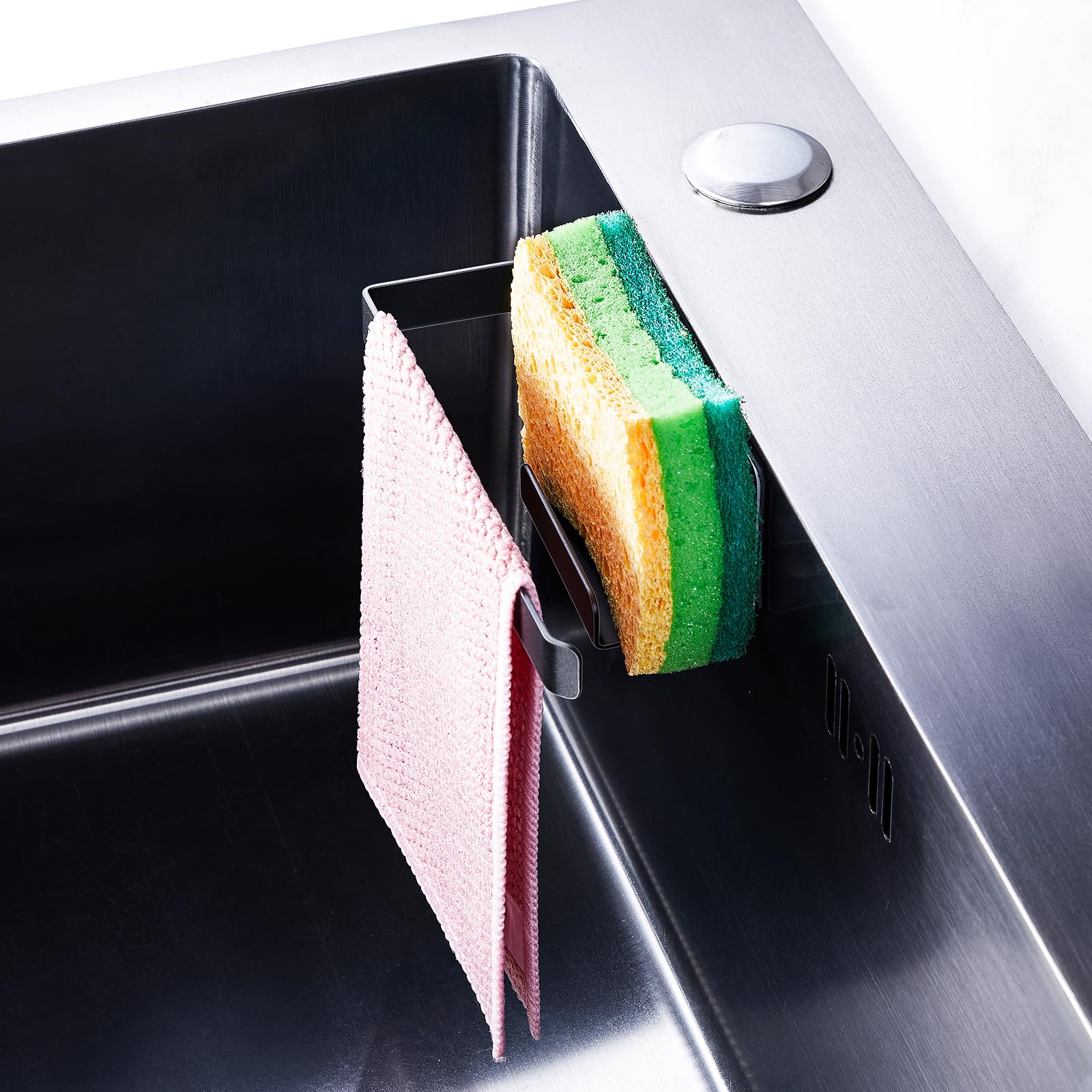 Schwammhalter Küche, Schwammhalter Spültuchhalter Für Spülbecken, Spülschwammhalter Spüllappenhalter, Selbstklebend Lappenhalter Ohne Bohren, Spülbecken Organizer Schwammablage (Schwarz)