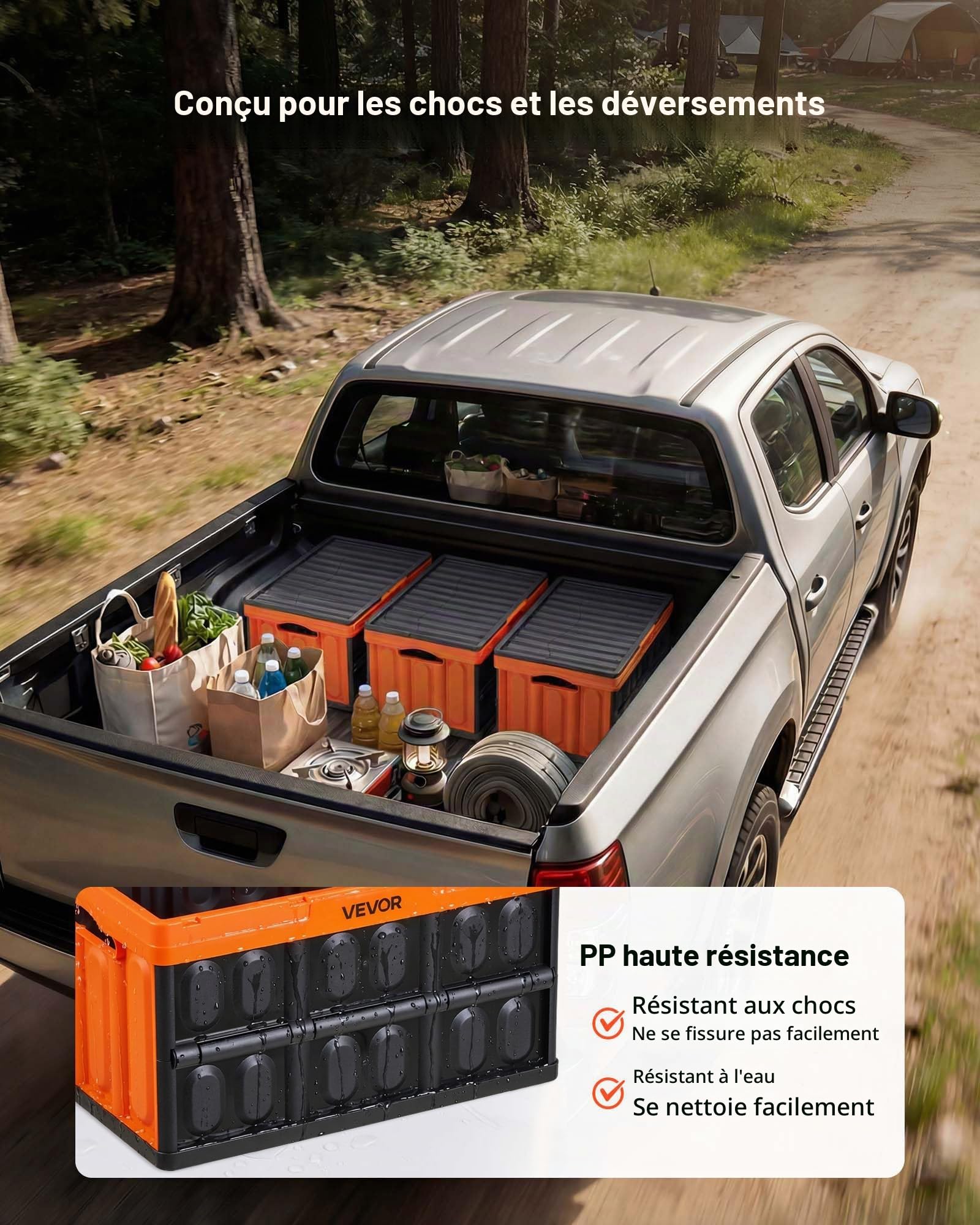 VEVOR Caisse Plastique Pliable avec Couvercle 45 L, Lot de 3, Bac de Rangement Pliable et Empilable avec Poignées, Charge Max. 20 kg par Caisse pour Maison, Camping, Voiture et Courses, Noir et Orange