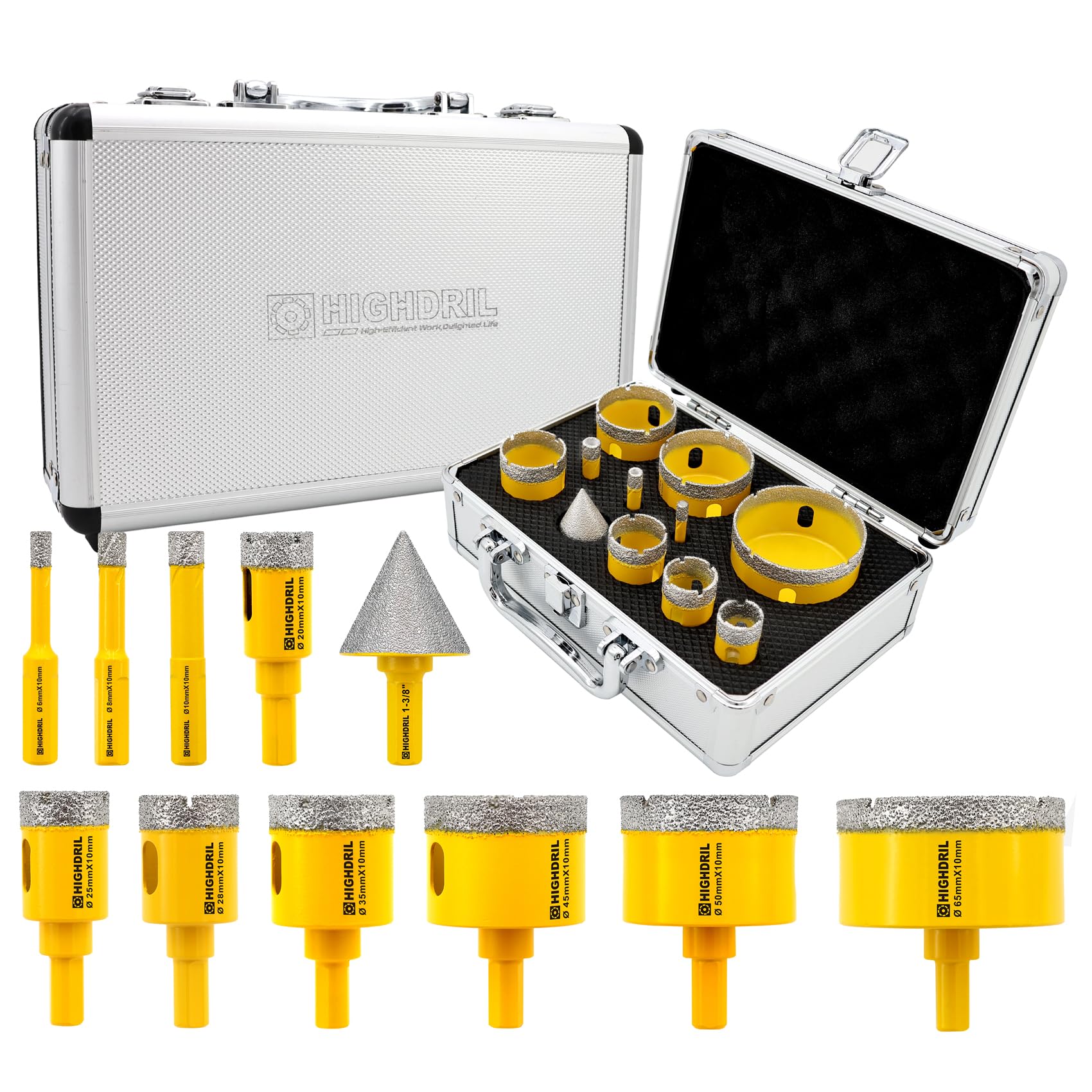 HIGHDRIL Diamond Drill bits kit with Triangle Shank for Porcelain Tile Ceramic Marble Brick Concrete Vacuum Brazed Hole Saw(6/8/10/20/25/28/35/45/50/65mm+35mm Hex Shank Chamfer Beveling Bit?