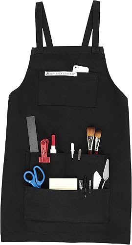 Miniatura 2 de Delantal profesional de lienzo para artista, correa ajustable con espalda cruzada, 4 bolsillos, pintura, carpintería, jardinería y cocina, negro,