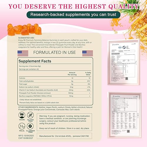 Miniatura 6 de Vital Source - Gomitas de equilibrio femenino prémium para mujeres, probiótico vaginal, pH Balance Health+ Vitamina C para apoyo inmunológico,