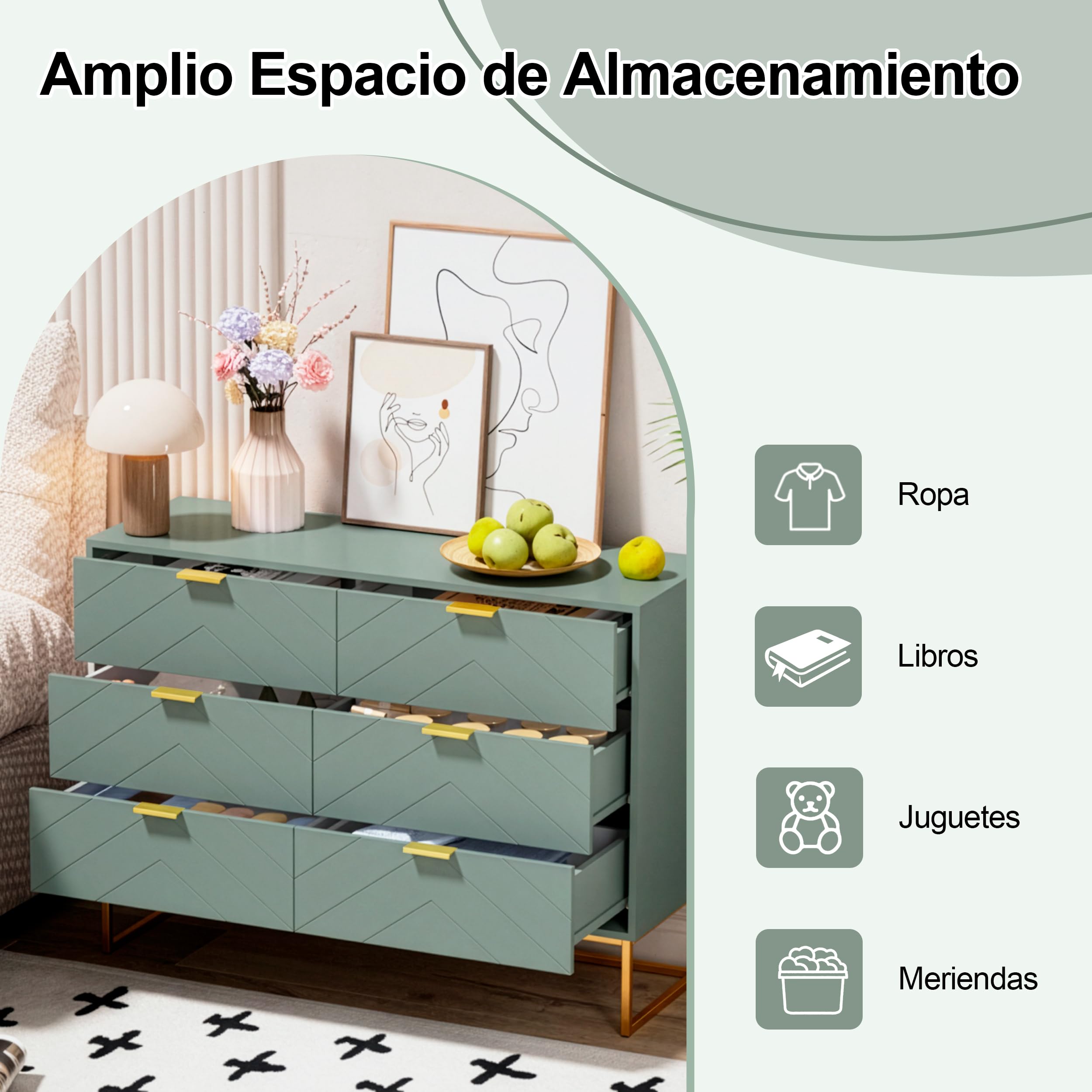 UEV Cómoda para Dormitorio, Cómoda con 6 Cajones y Patrón de Líneas, Armario Moderno y Práctico, Diseño Seguro Antivuelco, 100x34x73.5cm, Verde