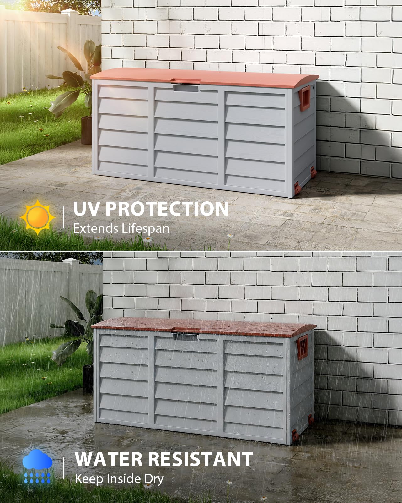 The Fellie Garden Storage Box with Wheels, 290L Lockable Garden Storage Boxes Waterproof, Plastic Outside Storage Box for Gardening Tools, Cushions, Toys, 112x49x54cm, Grey — view 3