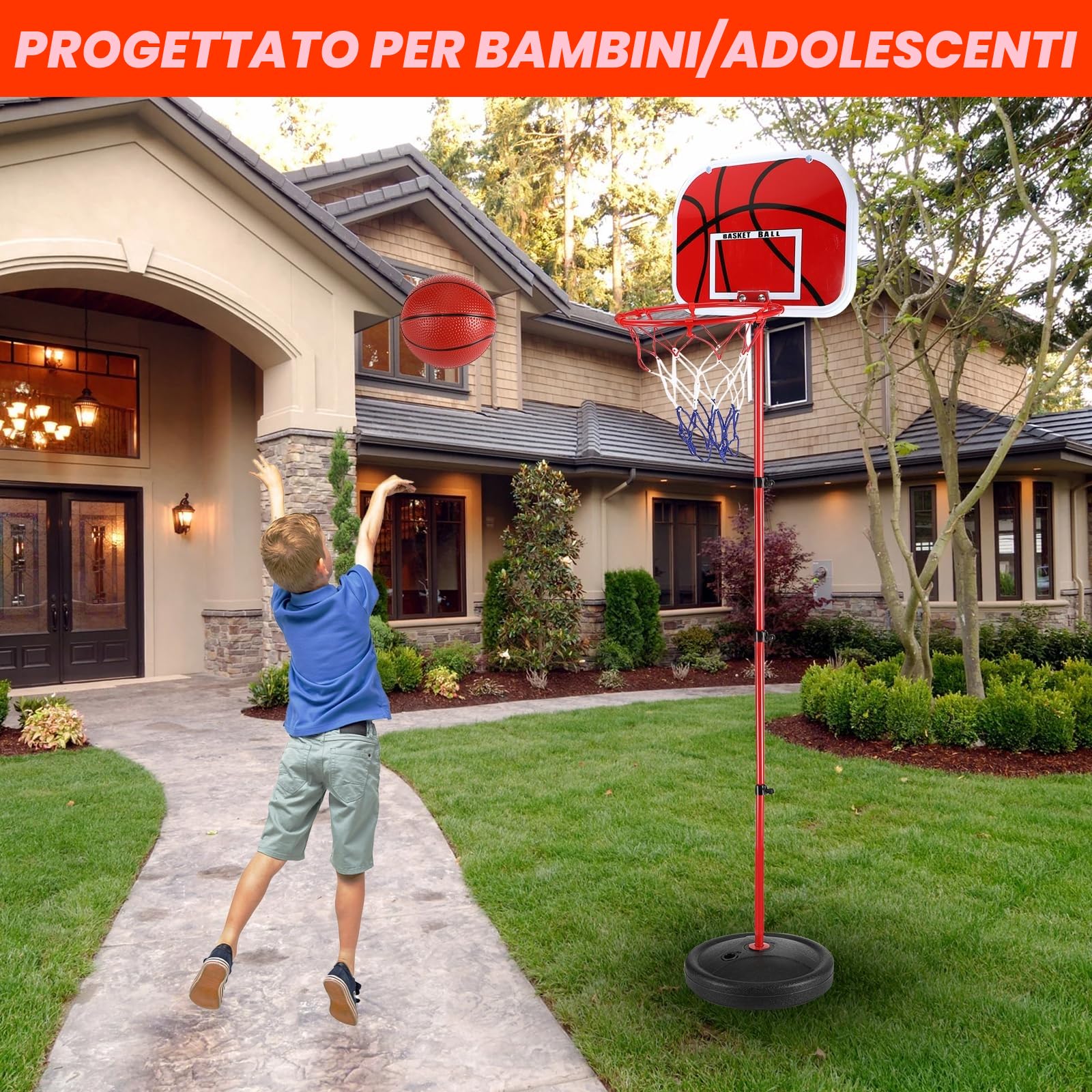 Canestro Bambini Esternocon 2 Palloni da Basket e una Pompa, Regolabile in Altezza, per Bambini dai 3 agli 8 Anni, per Canestri da Basket Indoor e Outdoor