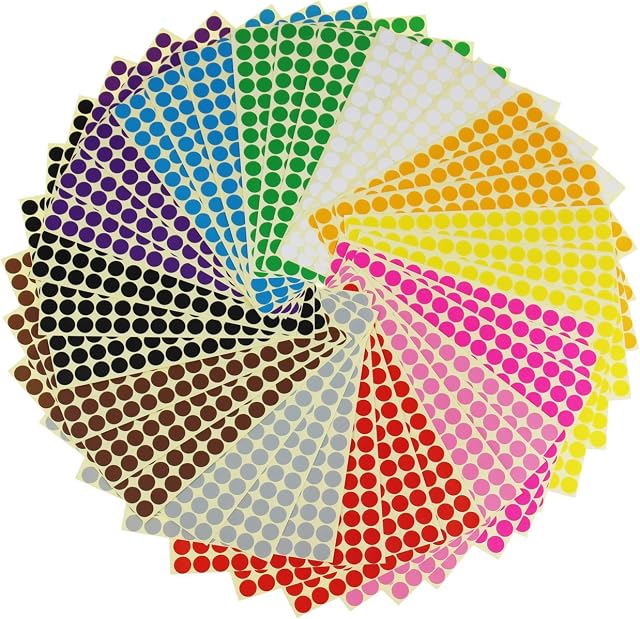 LJY 10mm Round Dot Stickers Color Coding Labels, 12 Different Assorted Colors, 36 Sheets, 5940 Dots in Total