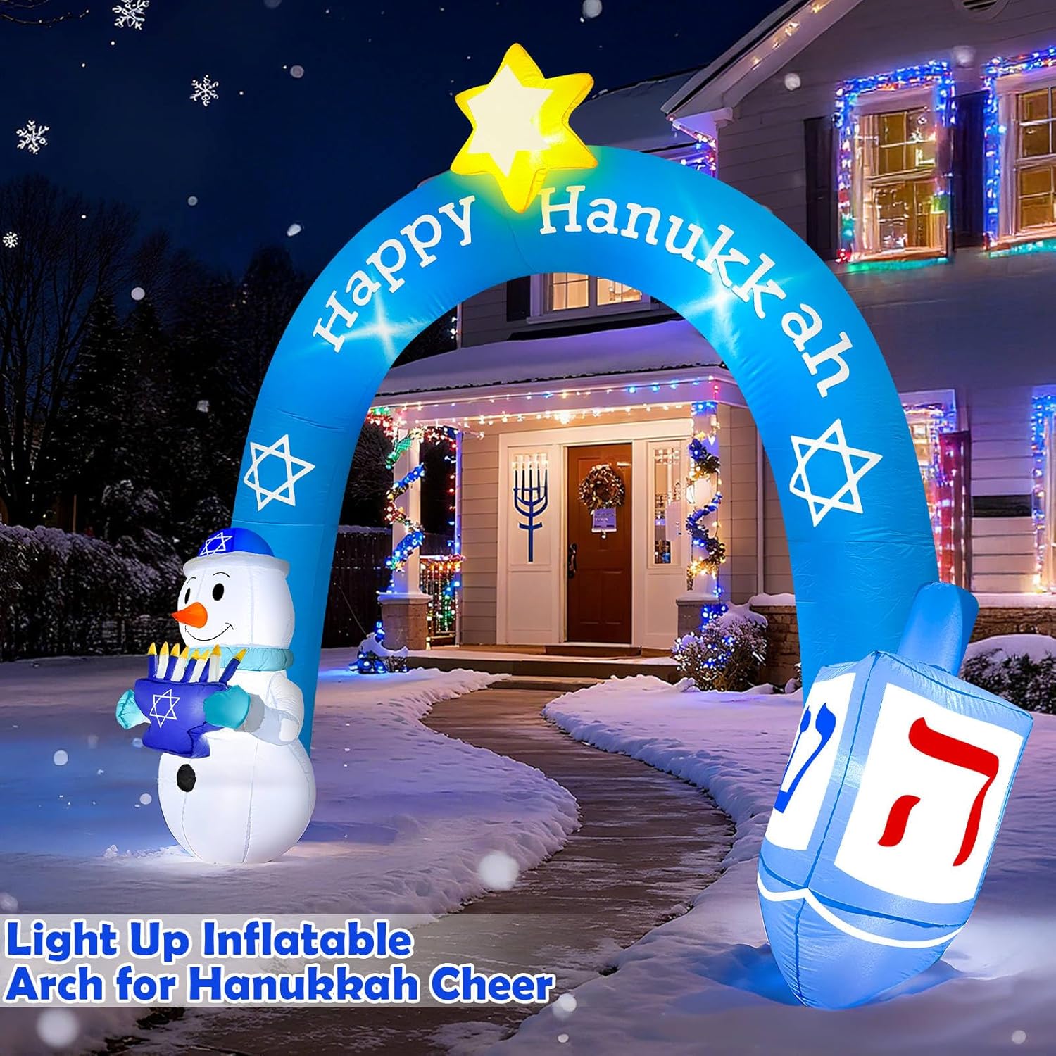 8 FT Hanukkah Inflatable Outdoor Decorations-Giant Chanukah Blow Up Inflatable Arch with Snowmen & Dreidel-Built in 5 LED Lights,Hanukkah Outdoor Decorations for Holiday Lawn Yard Garden Decor