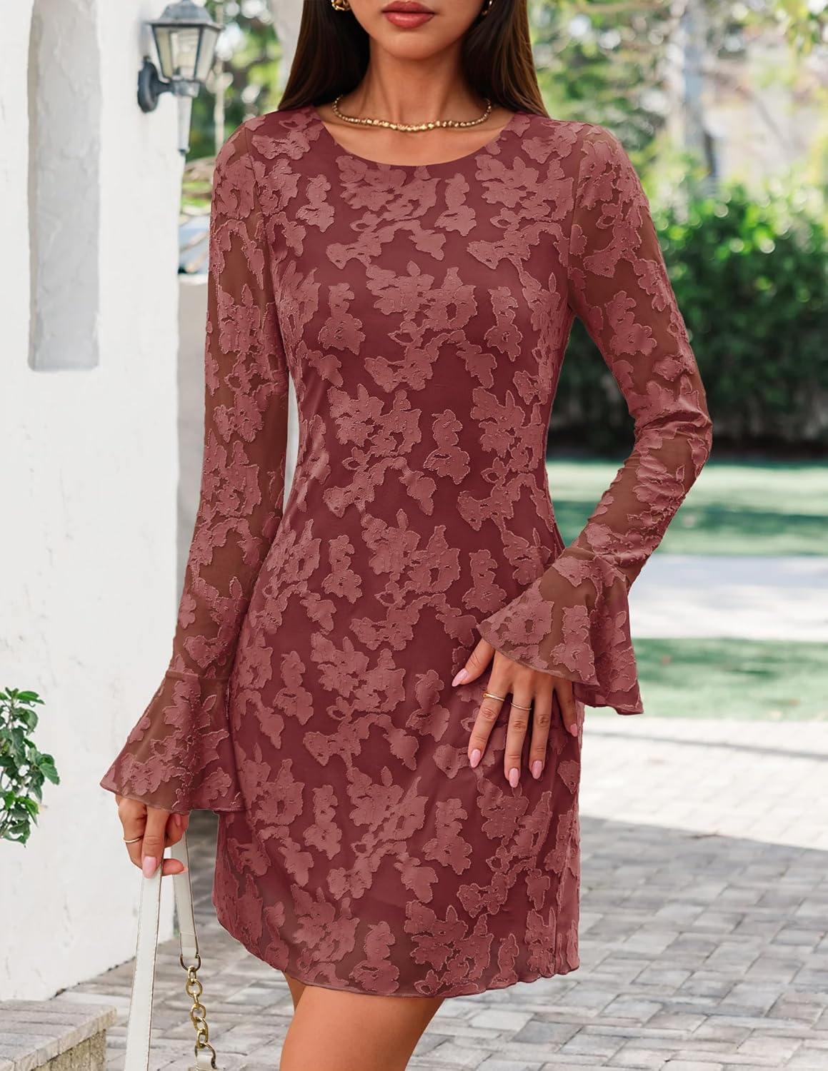 ZESICA Long Sleeve Mini Dresses for Women Spring Mesh Floral Crewneck Bodycon Wedding Guests Cocktail Party Short Dress - Image 4