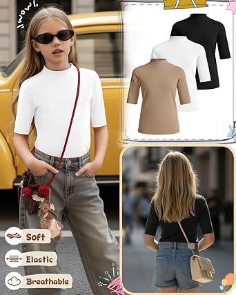 3 Pack Girls' 1/2 Sleeve Shirts Summer Half Sleeve Tops Kids Basic Tees Teen Mock Turtleneck Shirts 5-14 Years