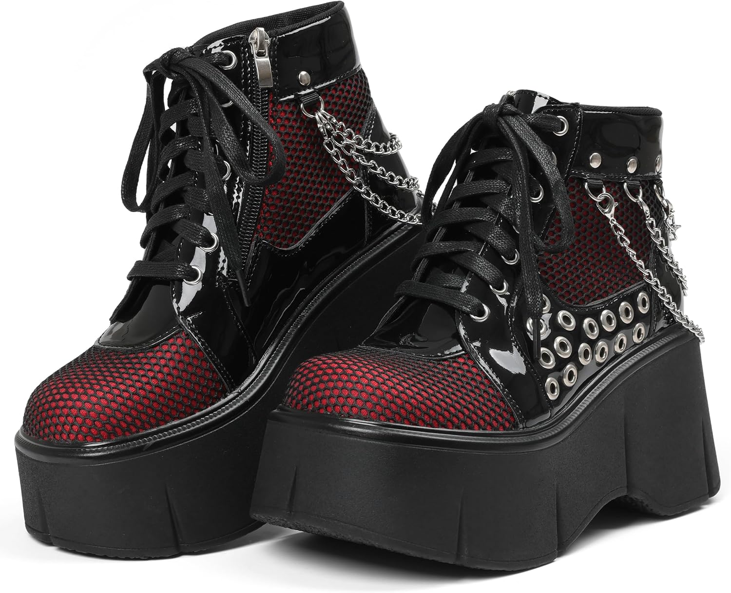 Women's Black Platform Boots Wedge Goth Round Toe Lace Up Chain Mesh Punk Combat Ankle Booties