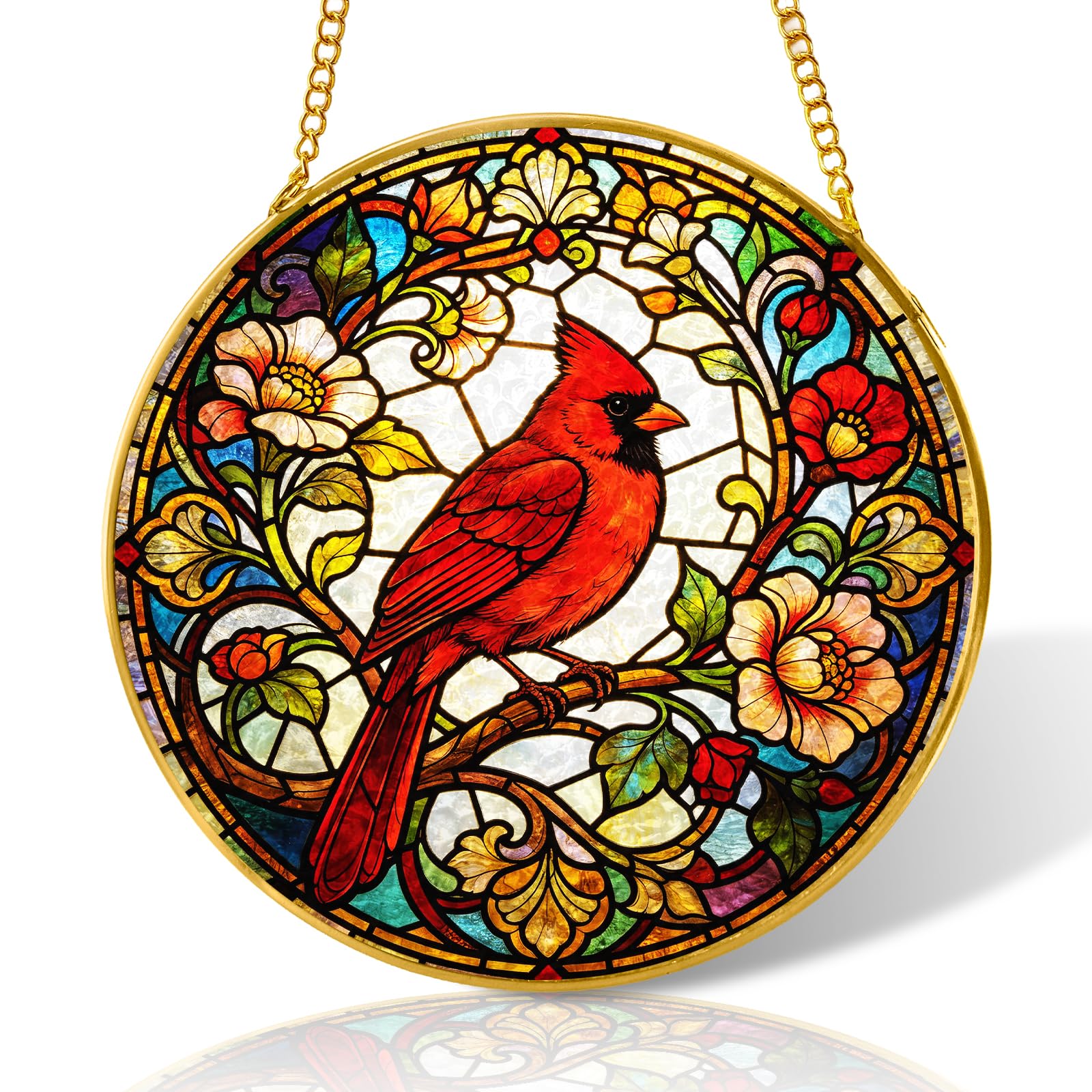 8 inch Cardinal Stained Glass Suncatcher Windows Hanging,Stained Glass Ornament Home Decor,Suncatchers for Windows Hanging,Birthday Gifts for Women,Lovers,Friend(Gold)