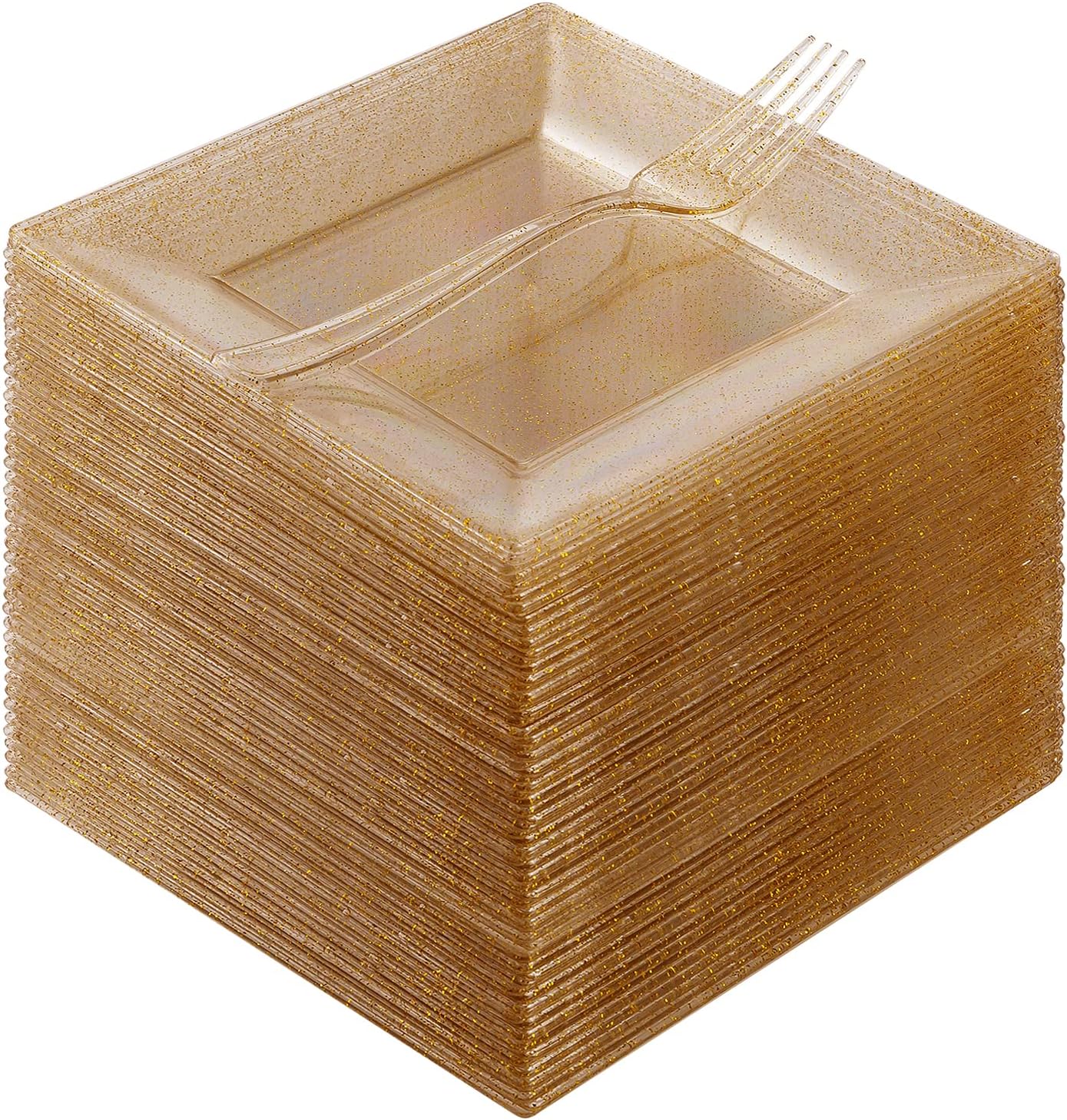 Goodluck 120PCS Square Gold Glitter Plates with Plastic