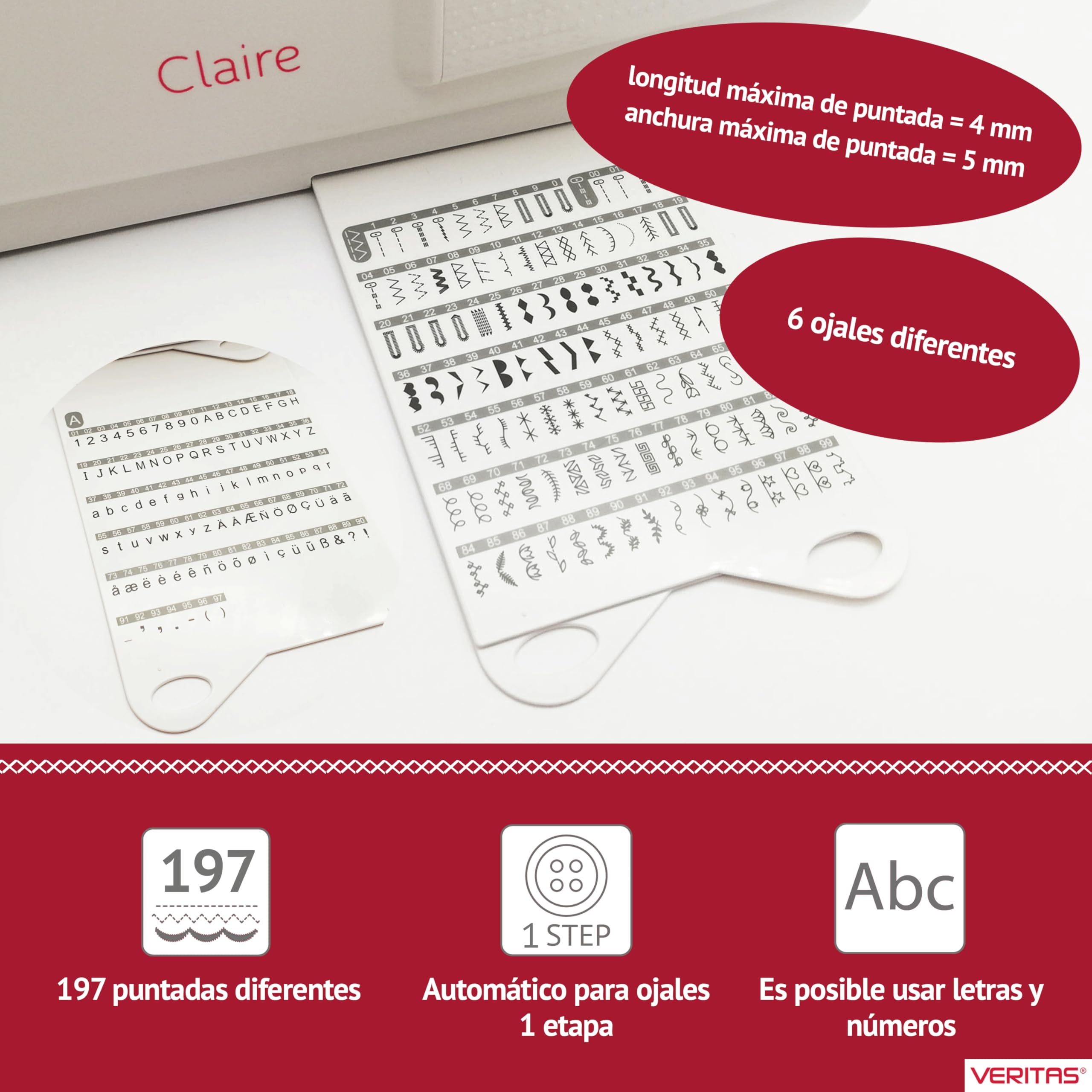 VERITAS Máquina de coser Claire I computarizada I 197 programas con función de memoria I Tensión automática del hilo & Ayuda para enhebrar I Cortador de hilo I Alfabeto y números (blanco)