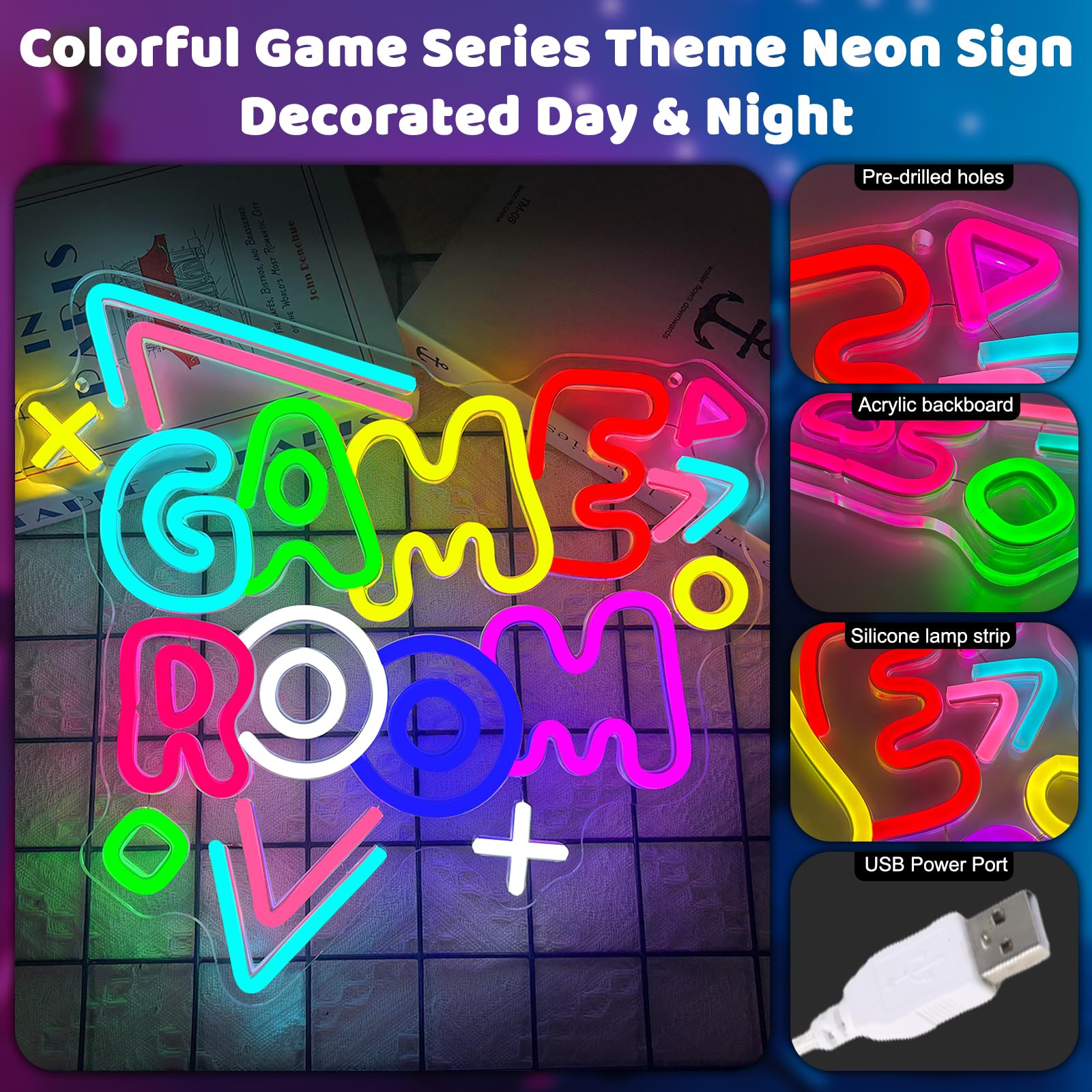 Neon LED Gaming, Décoration Murale pour Chambre Gamer et Salle de Jeux, Enseigne Lumineuse Néon avec USB et Variateur d'Intensité, Cadeau pour Ados et Adulte, Accessoire Bar et Deco Chambre