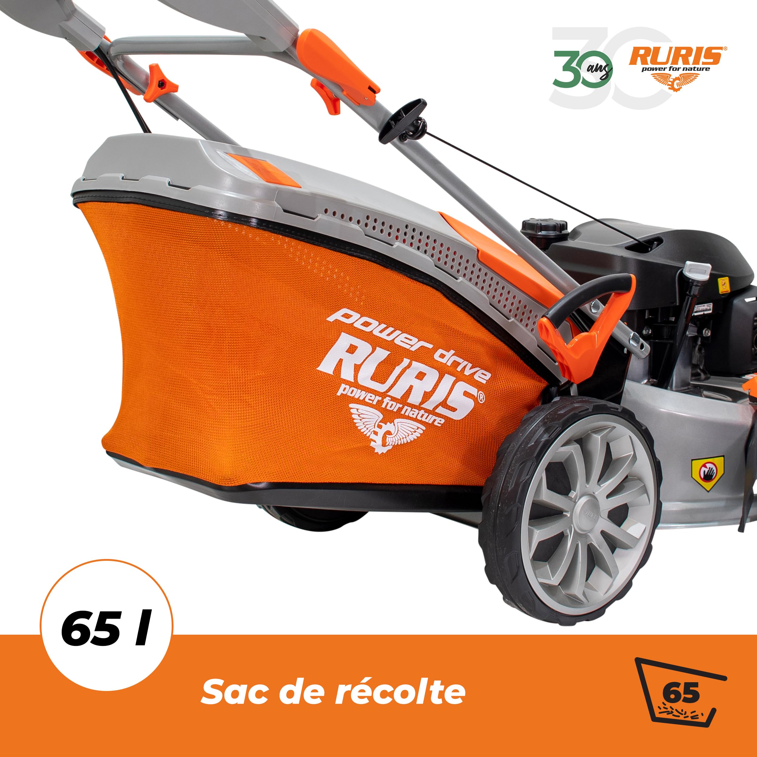 RURIS POWER FOR NATURE - Cortacésped térmico RX555s Motor Honda 5,2 CV, 202 CC, 530 mm, Bolsa 65 l, propulsa automática, 5 en 1: Recogida, eyección Trasera y Lateral, Mulching, Limpieza