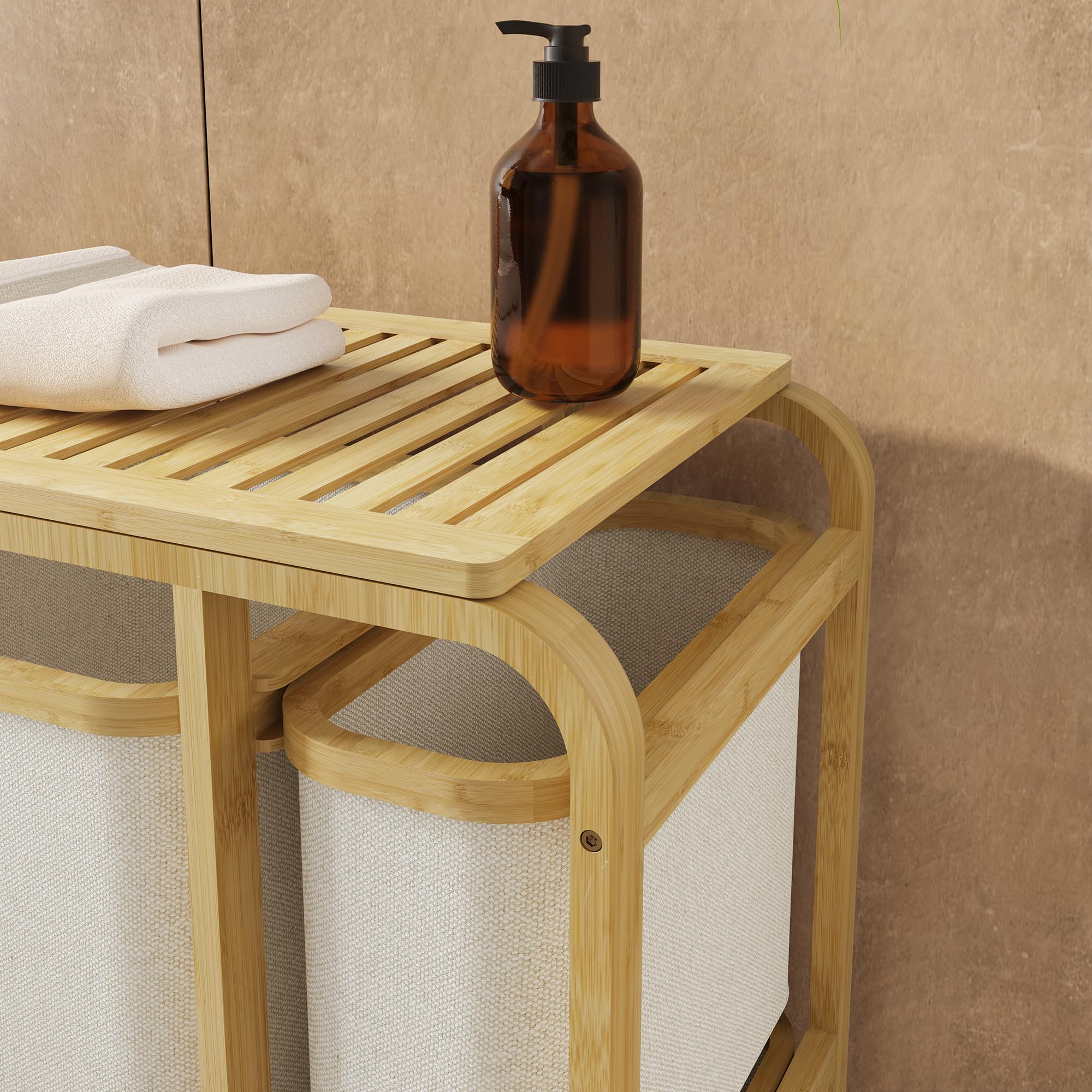 [en.casa] Mobile Portabiancheria in Bambù con Ripiano a Doghe e 3 Sacchi Estraibili per Bucato 70,5 x 49,5 x 33 cm - Beige