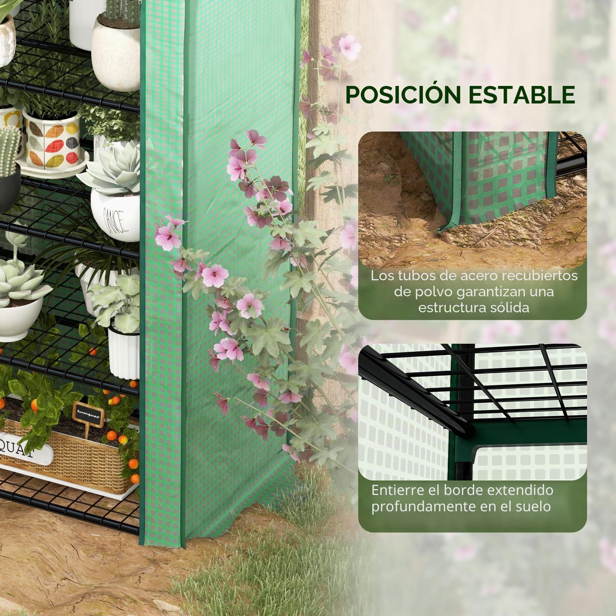 Outsunny Mini invernadero ancho 4 estantes,cubierta PE reforzada,Verde | Invernadero portátil, puerta enrollable, estantes de alambre, interior/exterior, 90x49x160cm