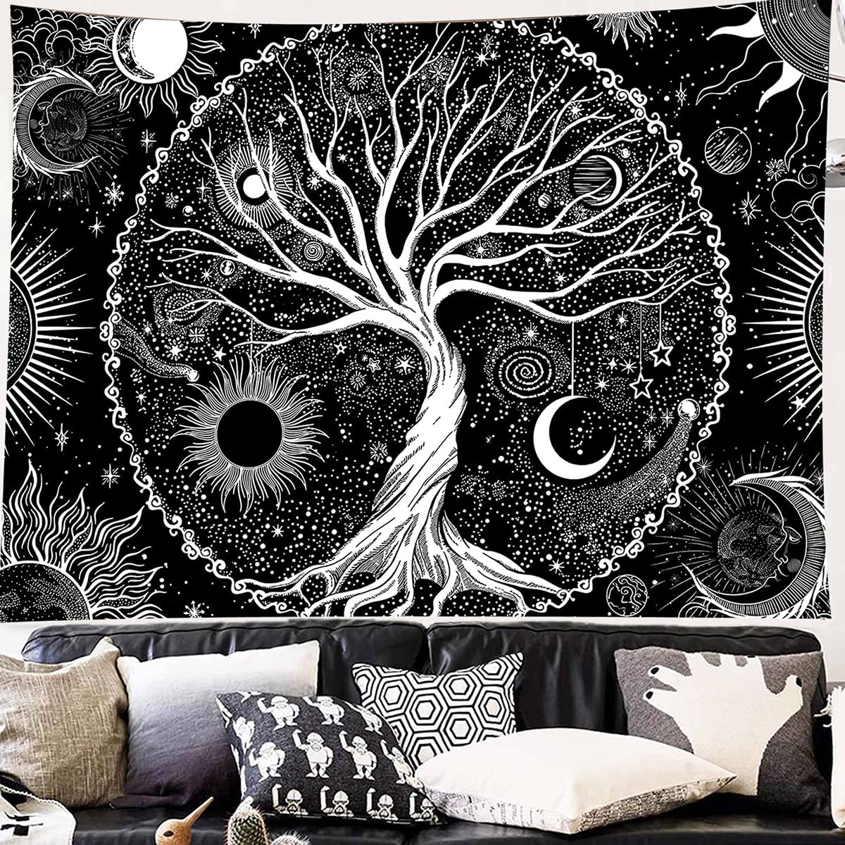 Parall Psychedelic Astrology Tapestry Sun and Moon Wall Hanging Blanket Aesthetic Black and White Wall Tapestry for Living Room Bedroom Home Decor (53‘’x61'', black and white)