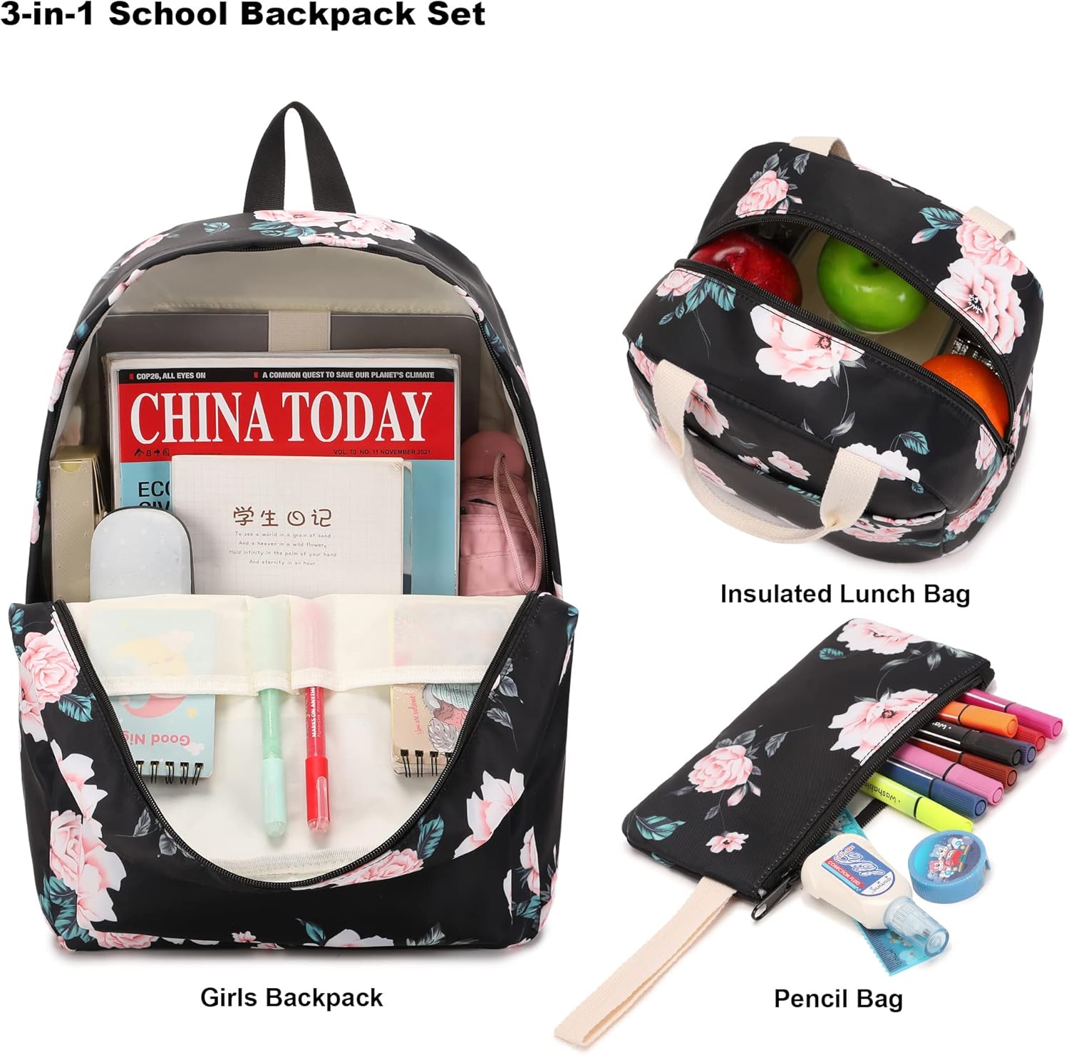 Girls School Backpacks for Kids Teens, 3-in-1 School Bag Bookbags Set with Lunch Bag Pencil Case