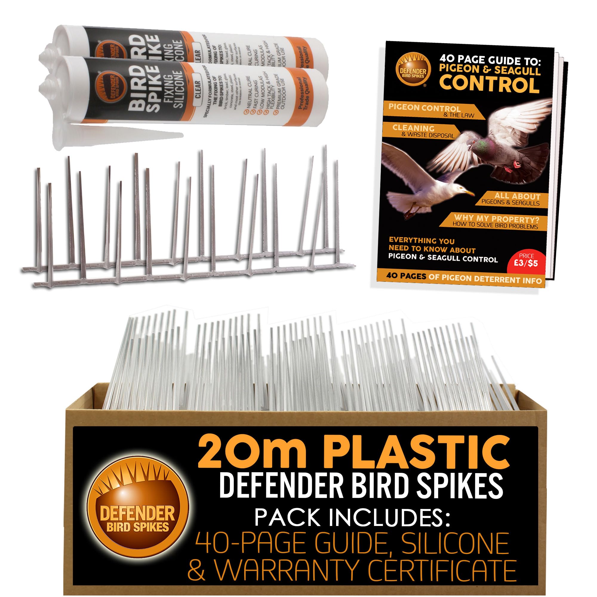 Defender Bird Spikes | Narrow Plastic Pigeon Deterrent | 20 Metre with Defender Fixing Silicone