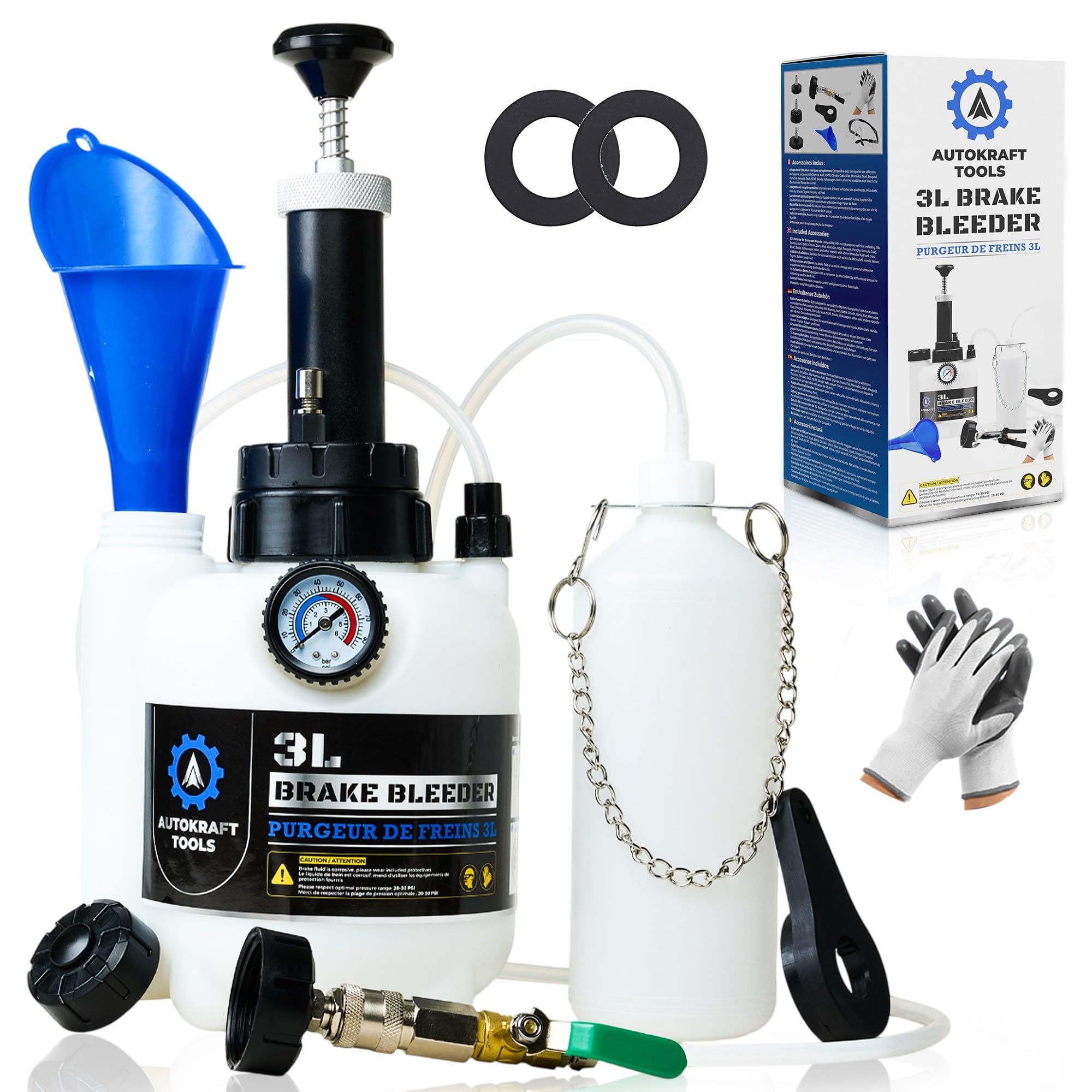Purgeur de Frein 3L - Pompe renforcée en métal - Valve de Contrôle du Débit - Adaptateur Universel E20 - Entonnoir et Gants de Sécurité Offerts - Bouteille de Collecte 1L